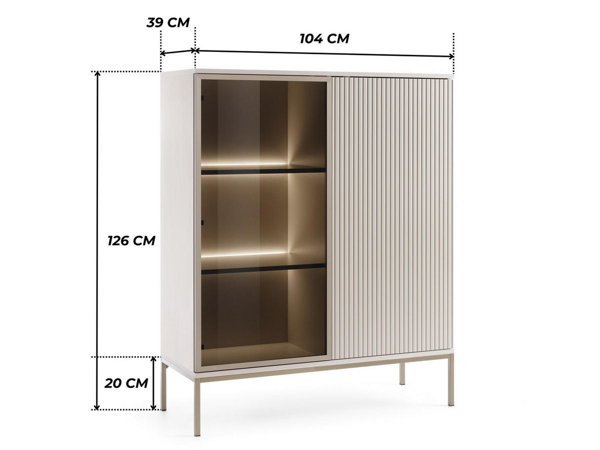 MODERNE Geriffelte Vitrine LAGOS W2D (Kaschmir Matt, LED, Champagner Gestell, Push to Open) - Kaschmir/Champagner, Glas/Holz (104/126/39cm) - Ravio