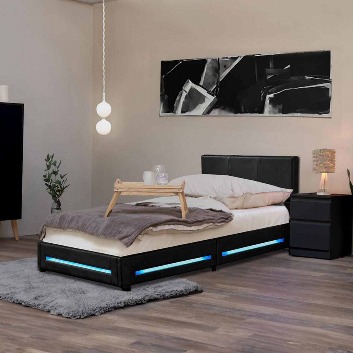 LED BETT ASTEROID - Schwarz, 90 x 200 cm - Schwarz, Kunststoff - Home Deluxe
