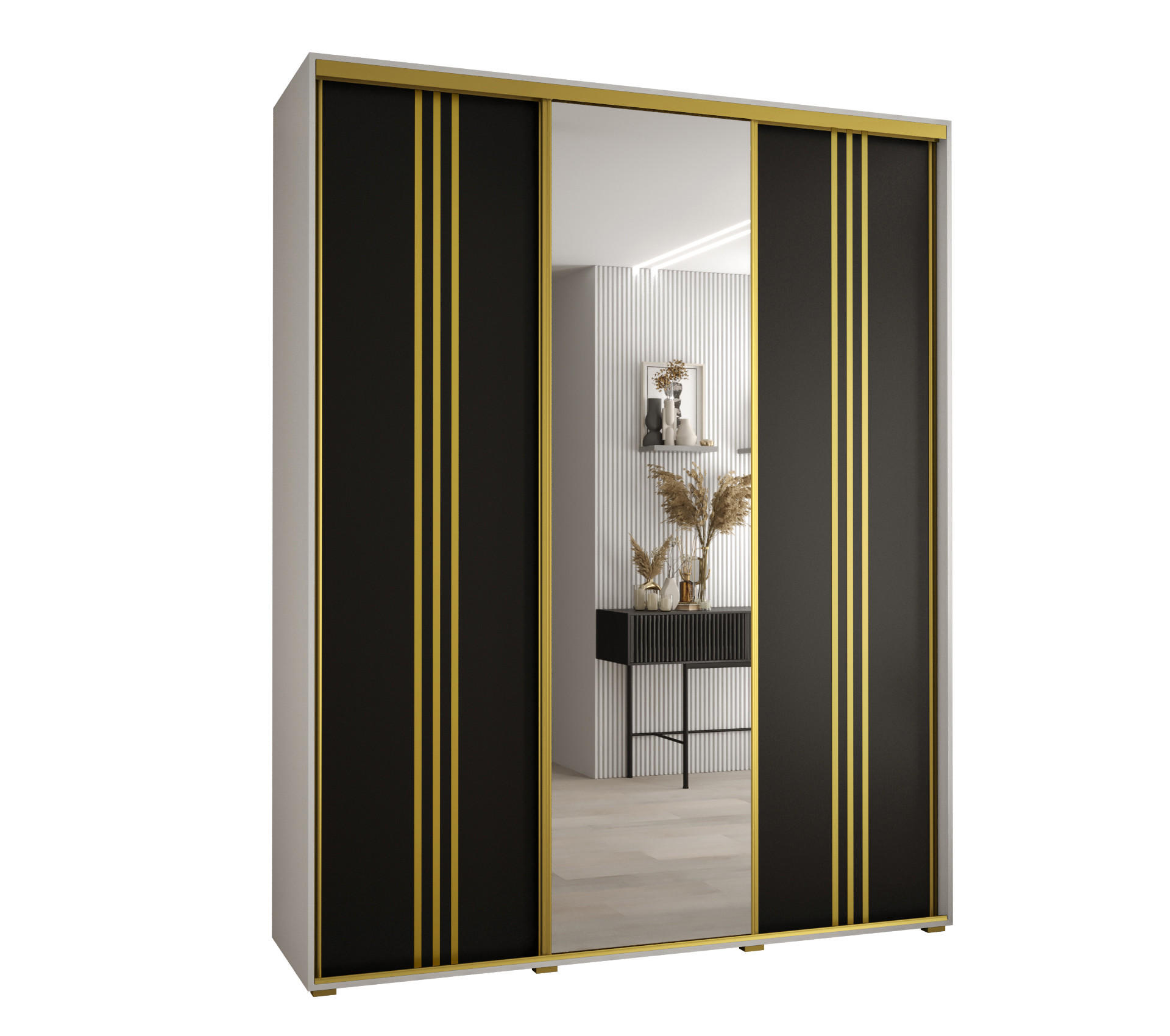 Abiks Möbel SCHWEBETÜRENSCHRANK Weiß, Schwarz, Gold 190cm × 60cm × 235cm