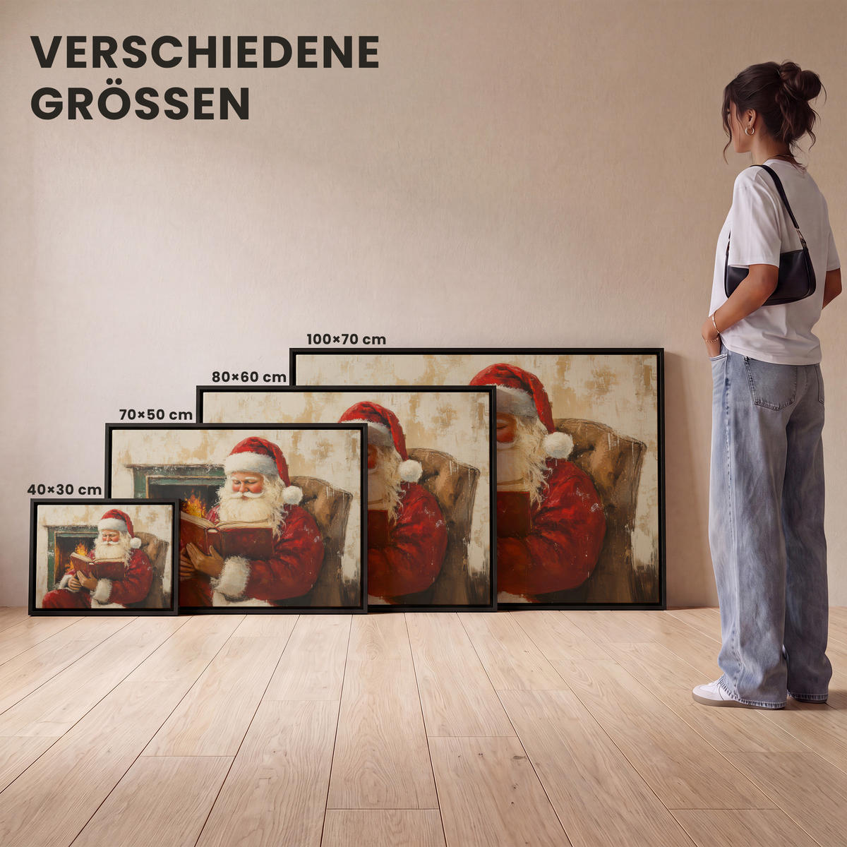 LEINWAND Bilder mit Rahmen - Weihnachten - Weihnachtsmann - Winter - Open Fireside - 80x60 - Dunkelrot, Textil (80/60cm) - MuchoWow