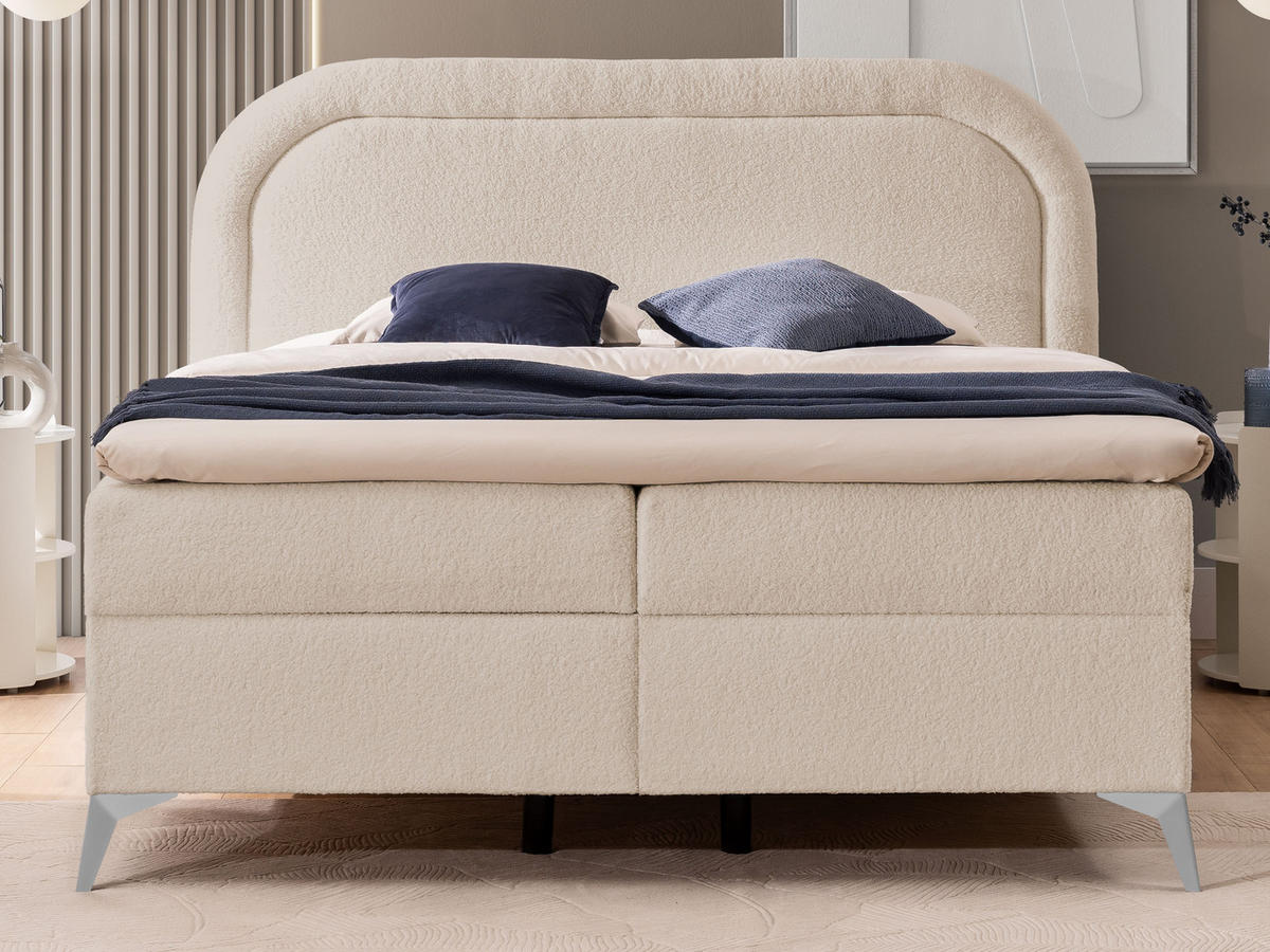 BOXBETT Sonna 160/200 cm Hellbeige Bouclé-Stoff mit abgerundetem Kopfteil und mit silbernen Metallfüßen - Beige/Silberfarben, Holz/Textil (160/200cm) - S-Style Möbel