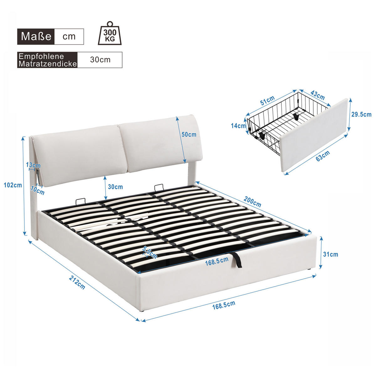POLSTERBETT 160/200 cm mit hydraulischem Bettkasten, 3 Schubladen und verstellbarem Kopfteil, Beige - Beige, Textil (160/200cm) - Redom