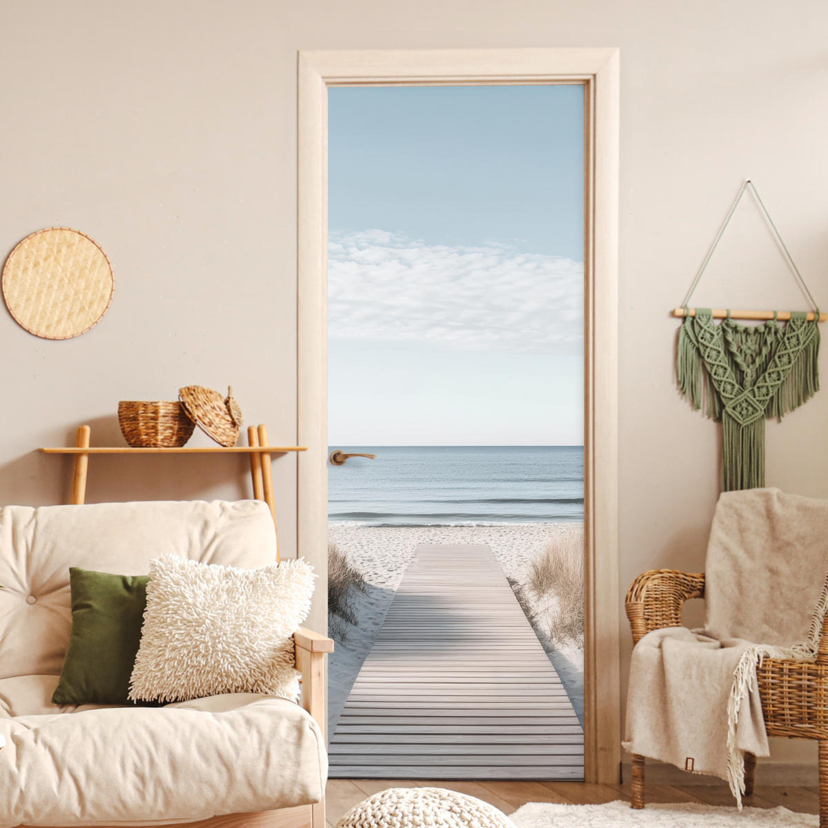 TÜRAUFKLEBER Selbstklebend - Pfad - Strand - Dünen - Natur 95x235 cm - Türtapete - Hellgrau, Kunststoff (95/0.1cm) - MuchoWow