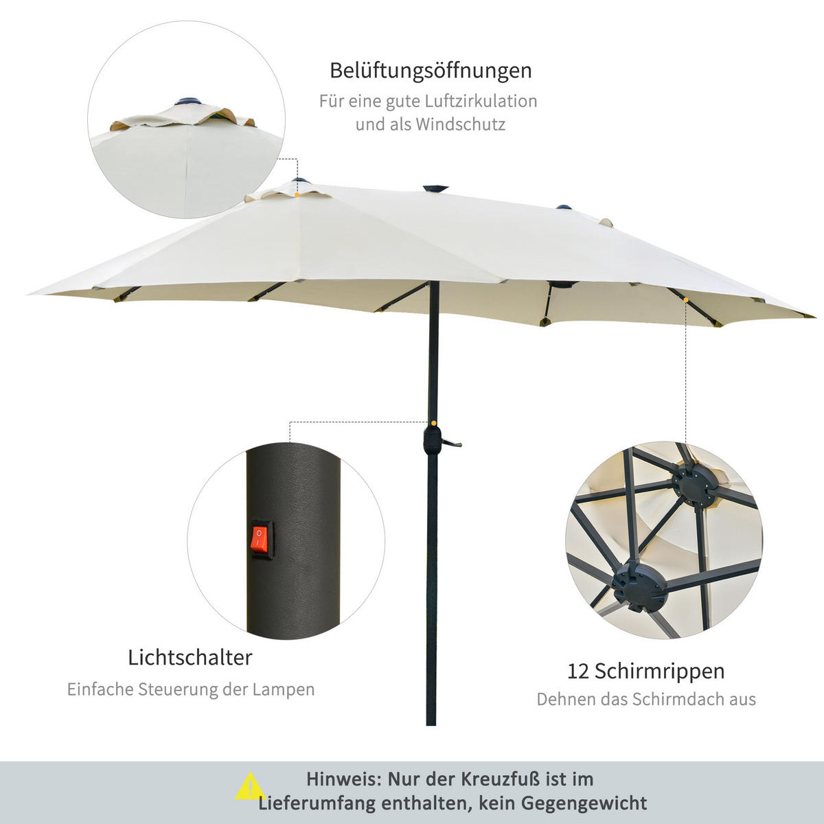 SONNENSCHIRM mit LED, Doppelsonnenschirm, Gartenschirm, Marktschirm, Oval, Metall, Cremeweiß - Weiß, Metall (440/260cm) - Outsunny
