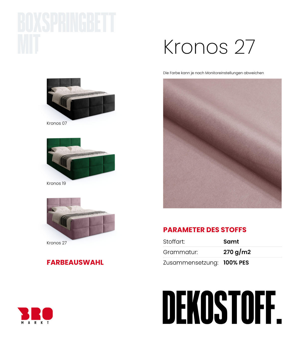 BOXSPRINGBETT Boston Duo Mit Bettkasten, Topper und Matratze Hellrosa Kronos 27 180x200 cm - Hellrosa/Schwarz, Textil (180/200cm) - Bromarkt