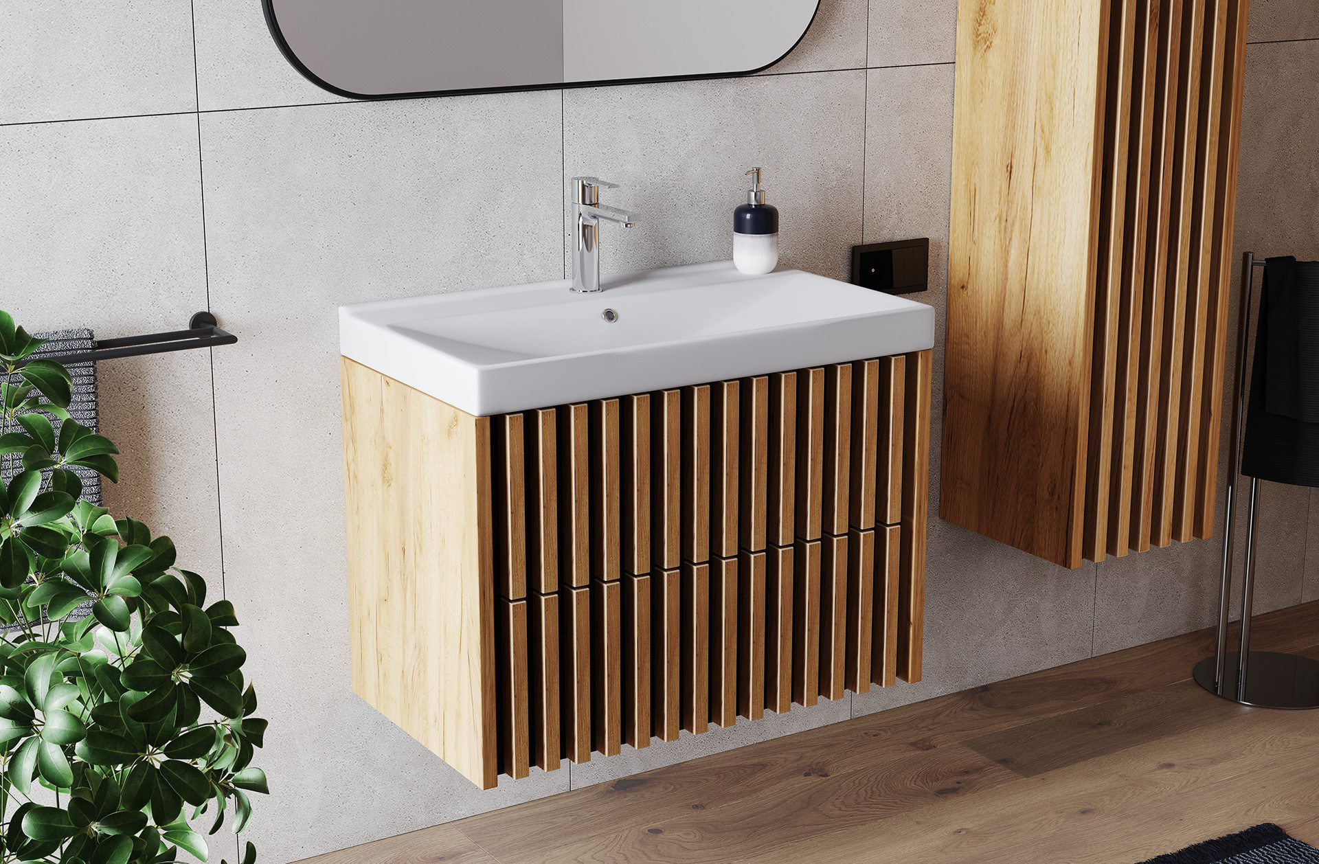 kúpeľňová skrinka so vstavaným umývadlom, dekor duba