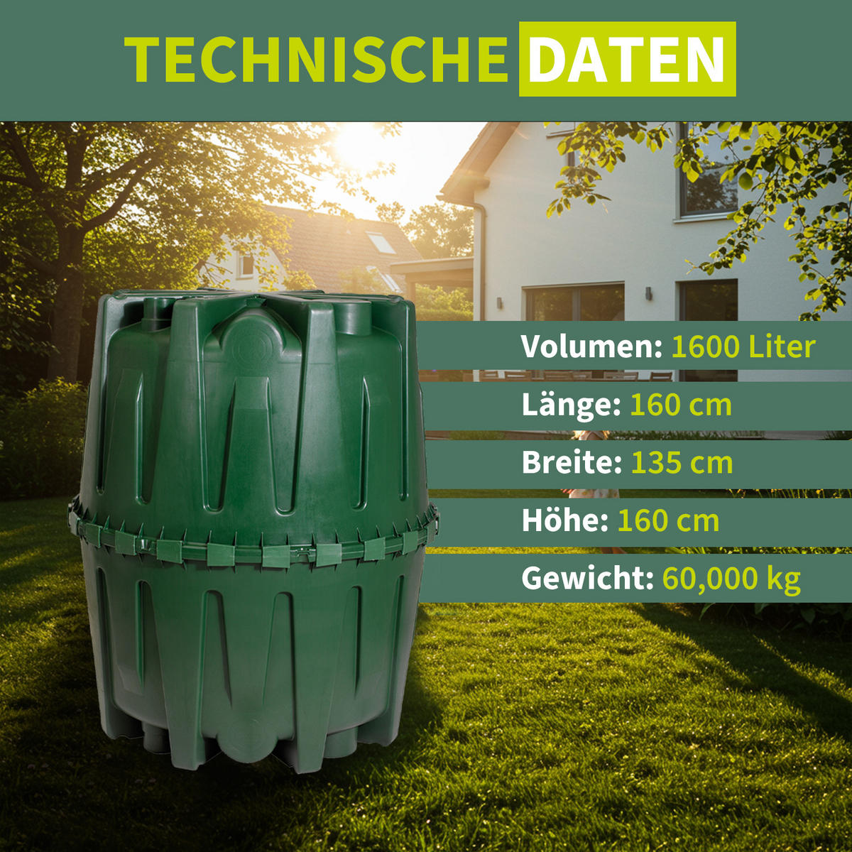 REGENWASSERTANK 1600 L - Grün, Kunststoff (135/160/135cm) - 4rain