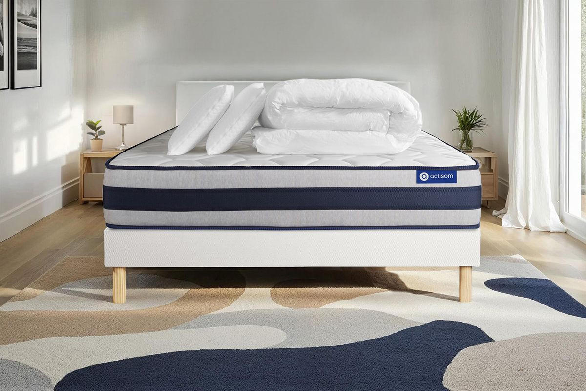 BETT Actilatex ergo Latex und Memory-Schaum 200 x 200 cm h3 - Kit Bettgestell Weiß - Mit Kissen und Bettdecke - Beige/Weiß, Karton/Holz (200/200cm) - ACTISOM