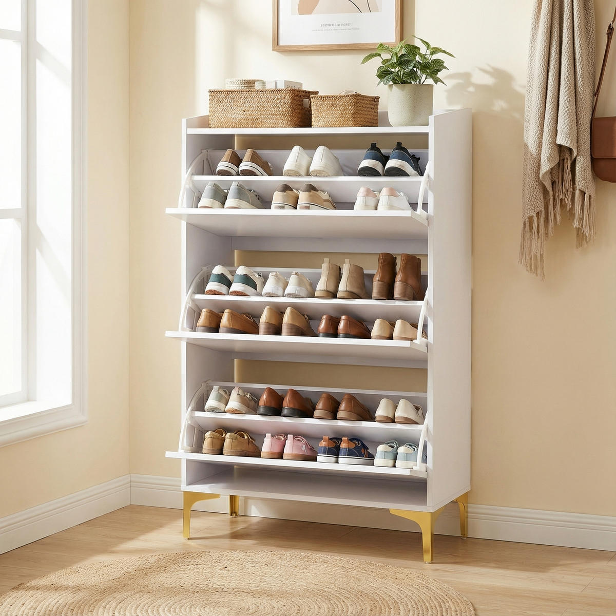 SCHUHKIPPER 63 cm in Weiß & Gold Design - Weiß, Holzwerkstoff (63/120/24cm) - Urban Meuble