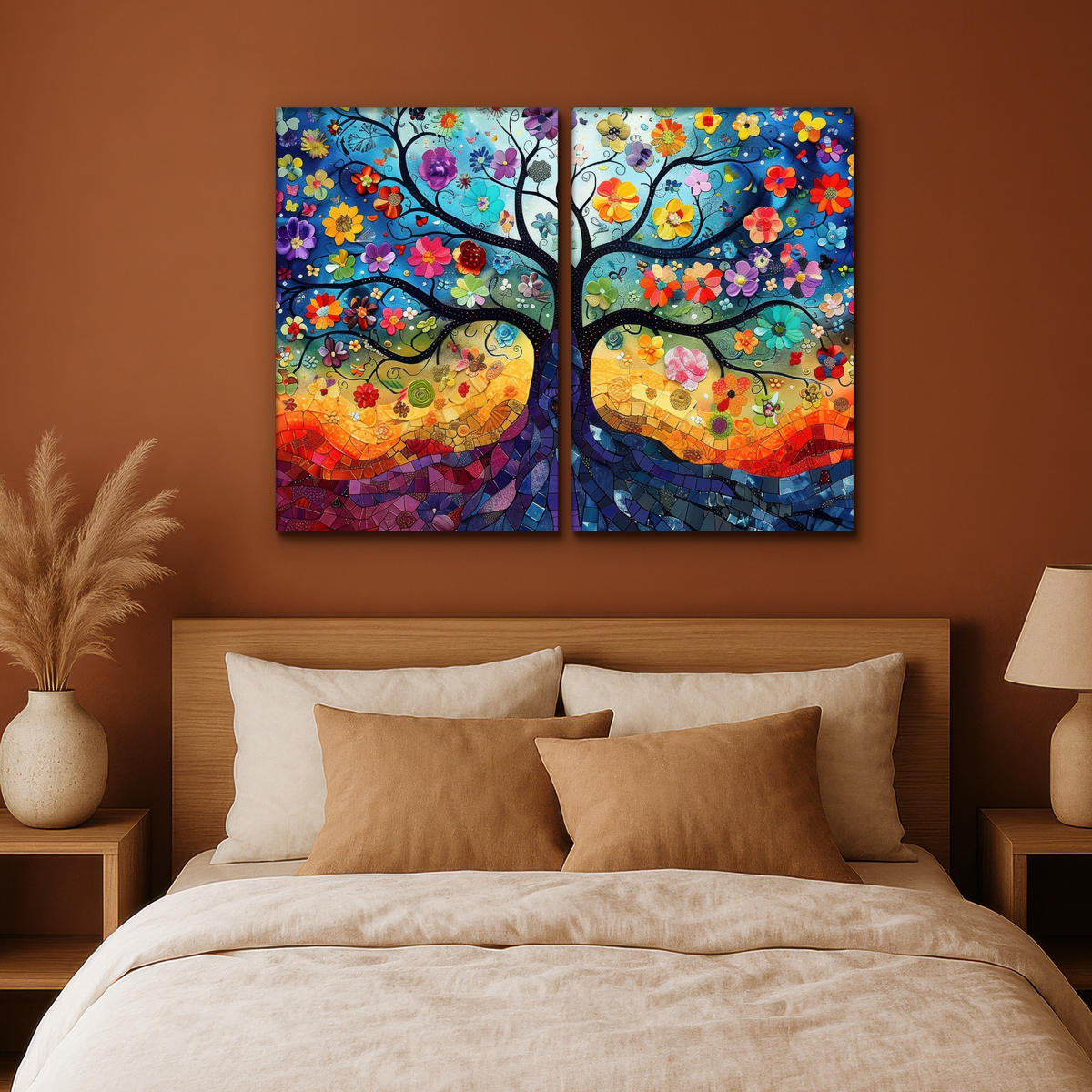 LEINWANDBILD 2er Set Bunt - Baum des Lebens - Blumen - Abstrakt 120x90 cm - Blau, Textil (120/90cm) - MuchoWow