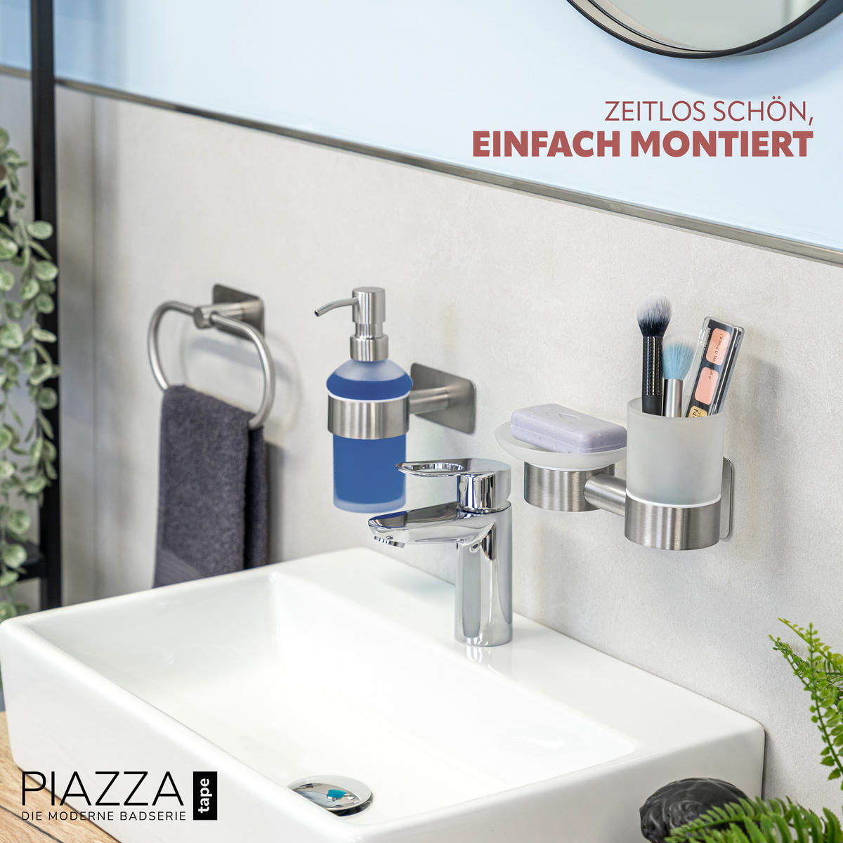 WANDHALTER PIAZZA TAPE mit Zahnputzbecher und Seifenschale, aus Glas und Edelstahl - Edelstahlfarben, Metall (20/10/13cm) - bremermann