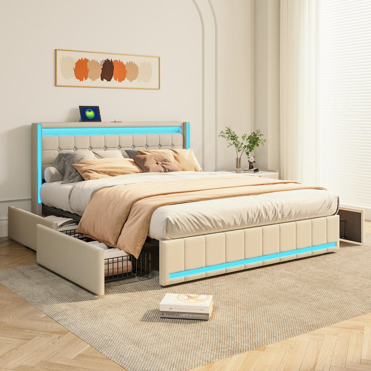 POLSTERBETT 160x200 cm mit 4 Stauraumschubladen, LED und USB, Leinenstoff in Beige - Beige, Holz (160/200cm) - BRILVERDE