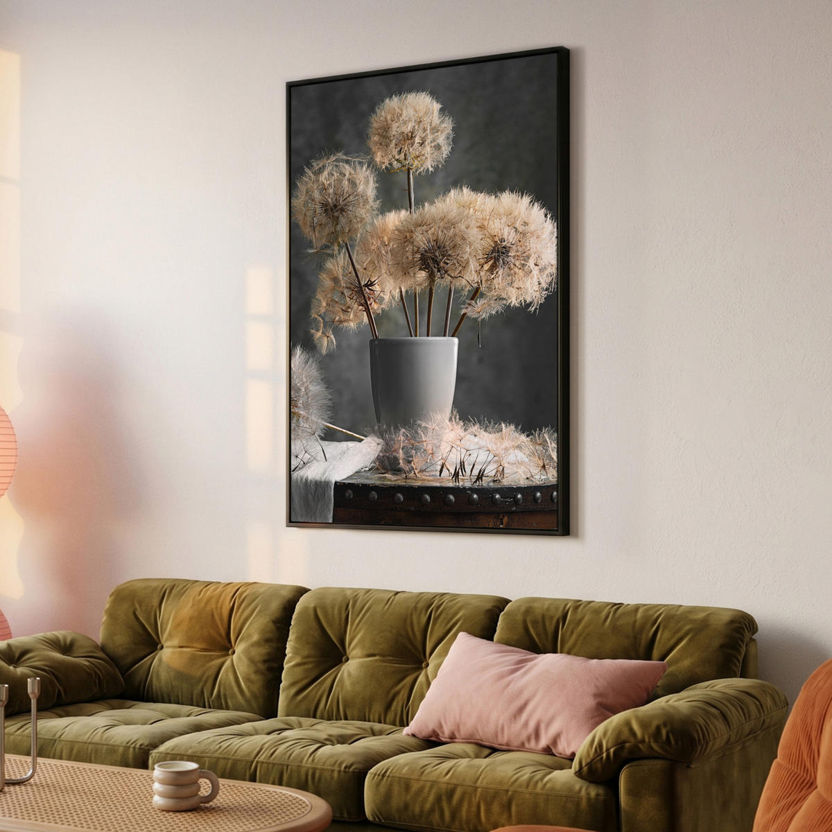 LEINWAND Bilder mit Rahmen - Blumensamen - Löwenzahn - Vase - Stilleben - Blumenstrauß - 100x150 - Dunkelgrau, Textil (100/150cm) - MuchoWow