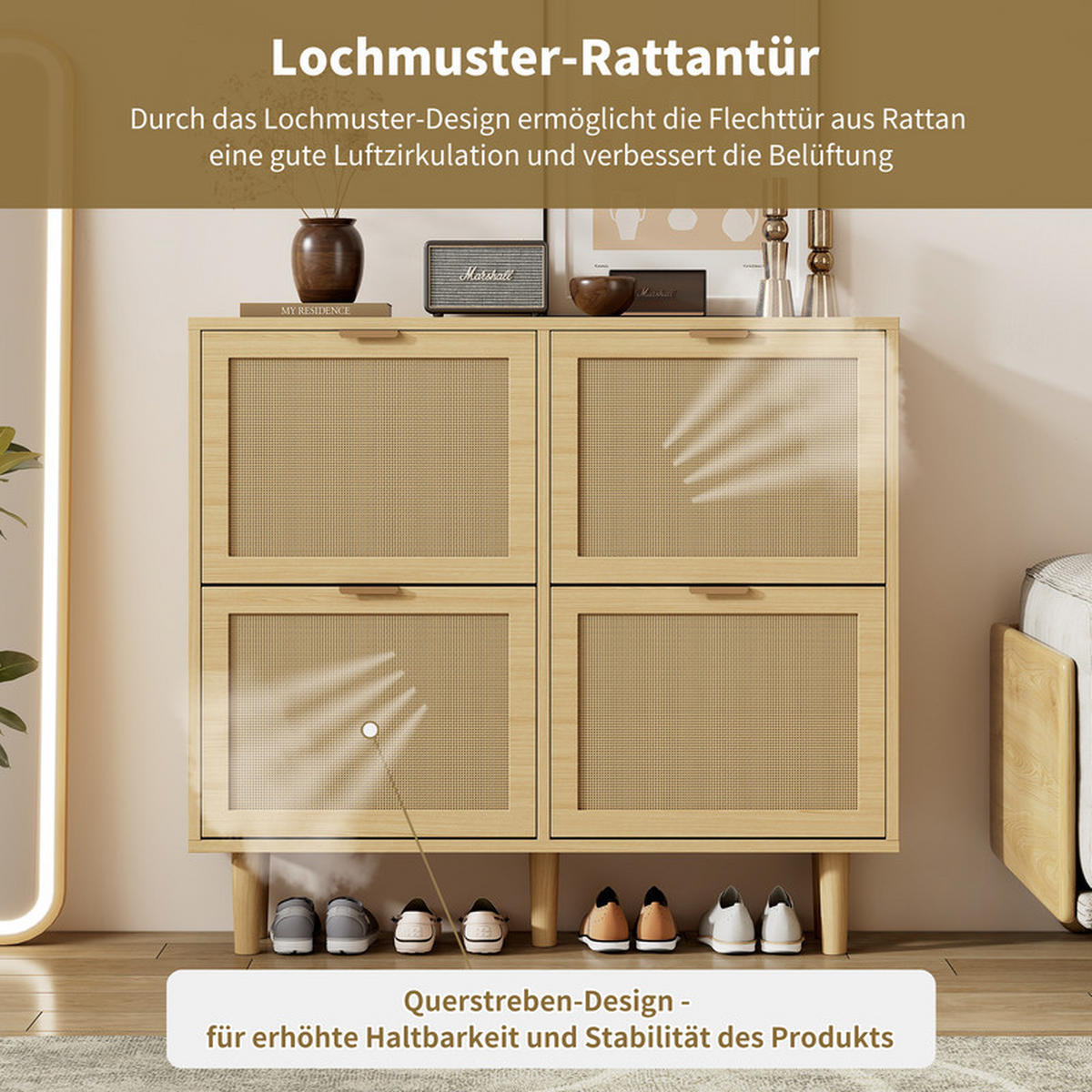 SCHUHSCHRANK RATTAN mit 4 Klappschubladen und Metallgriffen 100x25x90 cm - Braun, Holzwerkstoff (25/90.3/100cm) - Fuleadture
