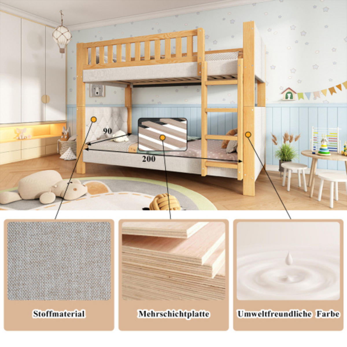 ETAGENBETT 90x200 cm für Kinder, Holz & Stoff, Stabile Lattenroste, grau-natur - Naturfarben, Holzwerkstoff (90/200cm) - Luhomfu
