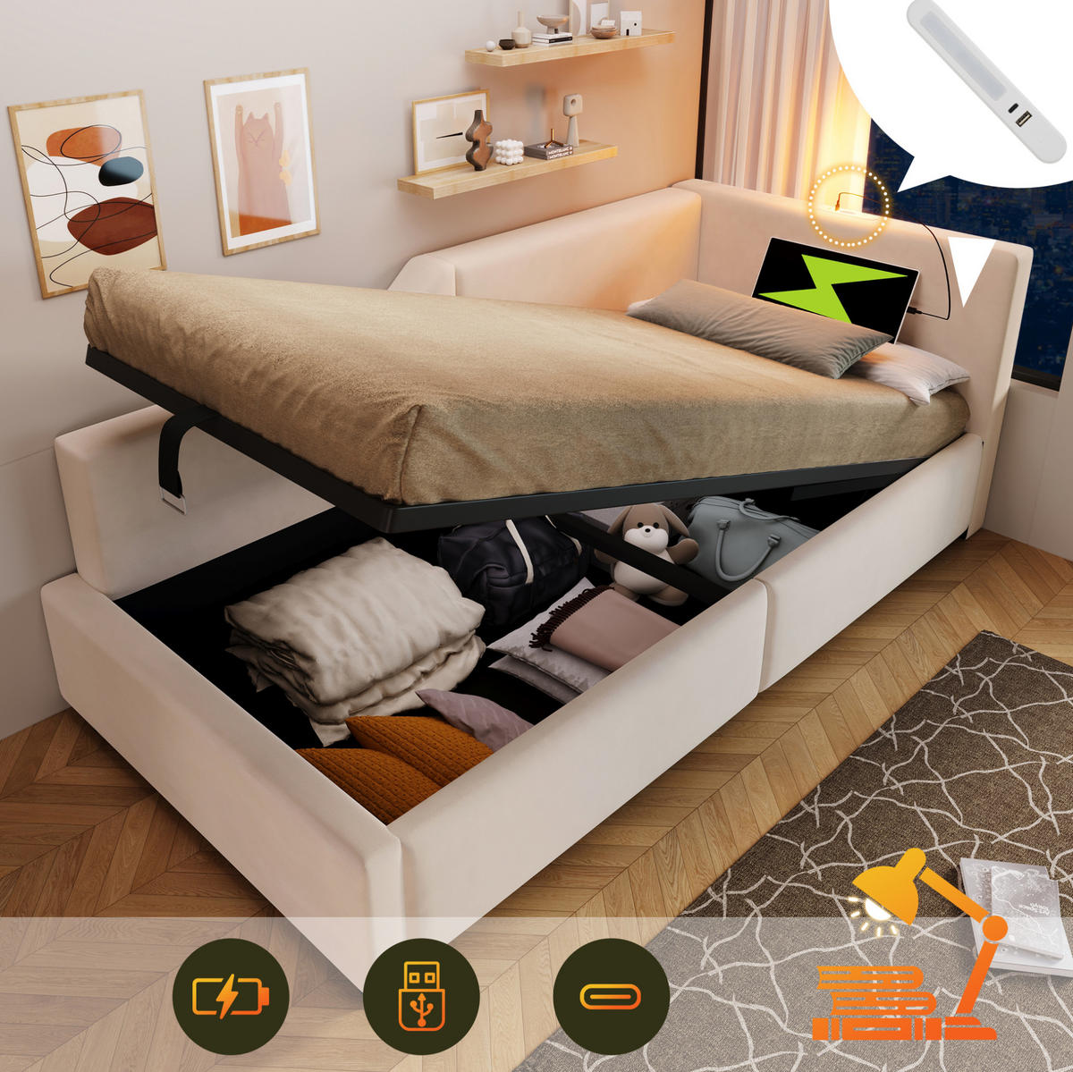 ČALOUNĚNÁ postel 90/200 cm samet béžová s úložným prostorem, USB-C a čtecím světlem - béžová, textil (90/200cm) - BEAOK