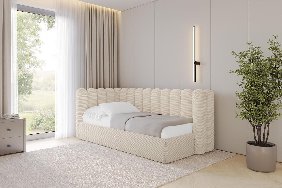 EINZELLBETT Jugendbett mit Bettkasten und Matratze H3/H4, Rechts - HUGY 80x200 Beige - Kaschmir, Holzwerkstoff/Textil (80/200cm) - ALTDECOR