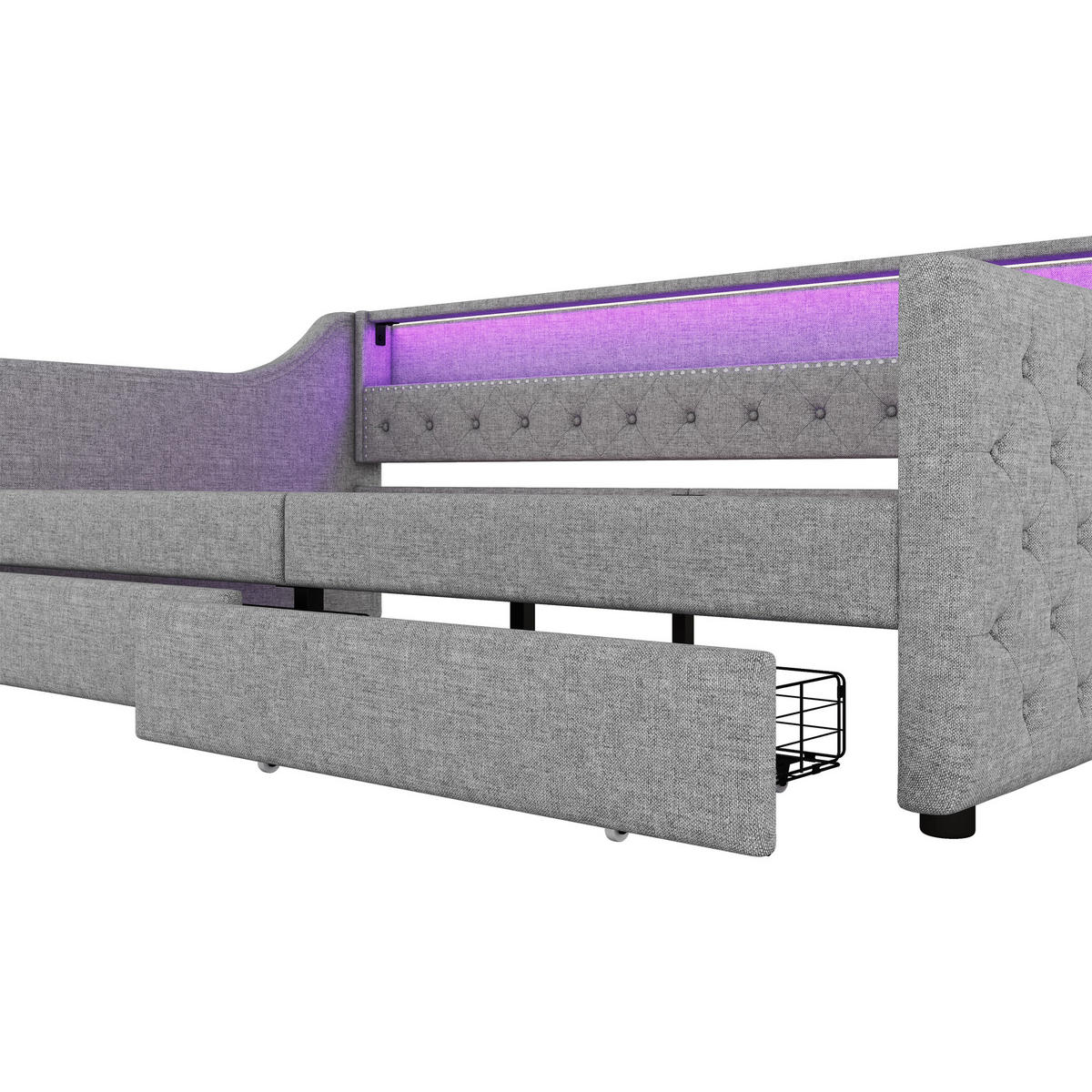 POLSTERBETT aus Leinen 90x200 cm in Grau mit LED & USB & 2 Schubladen - Grau, Textil (90/200cm) - Modfu