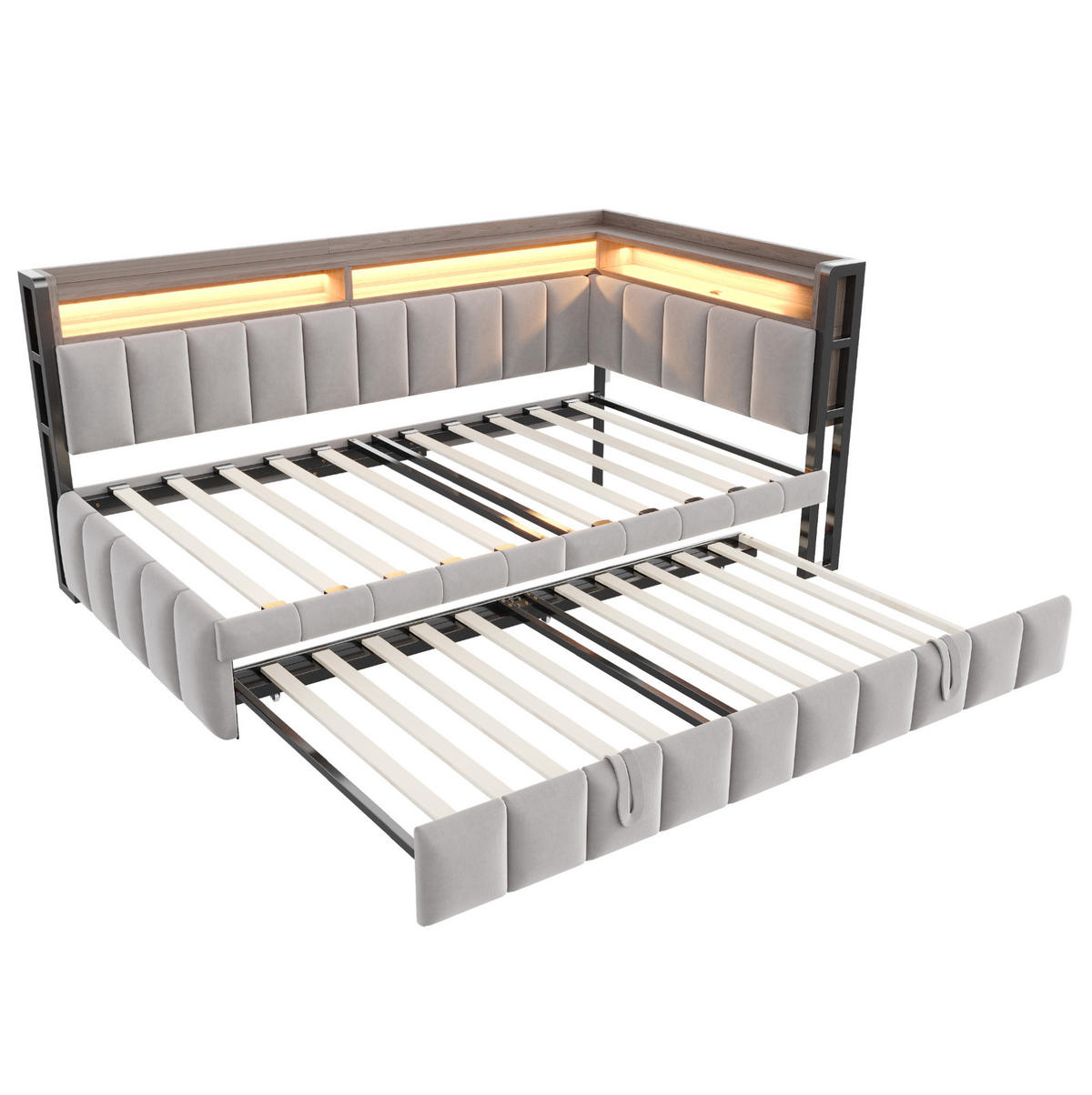 POLSTERBETT Schlafsofa aus Samt 90x200 cm Hellgrau mit Ausziehbett, LED-Beleuchtung, USB- und Typ-C-Anschluss - Hellgrau, Textil (90/200cm) - Modfu