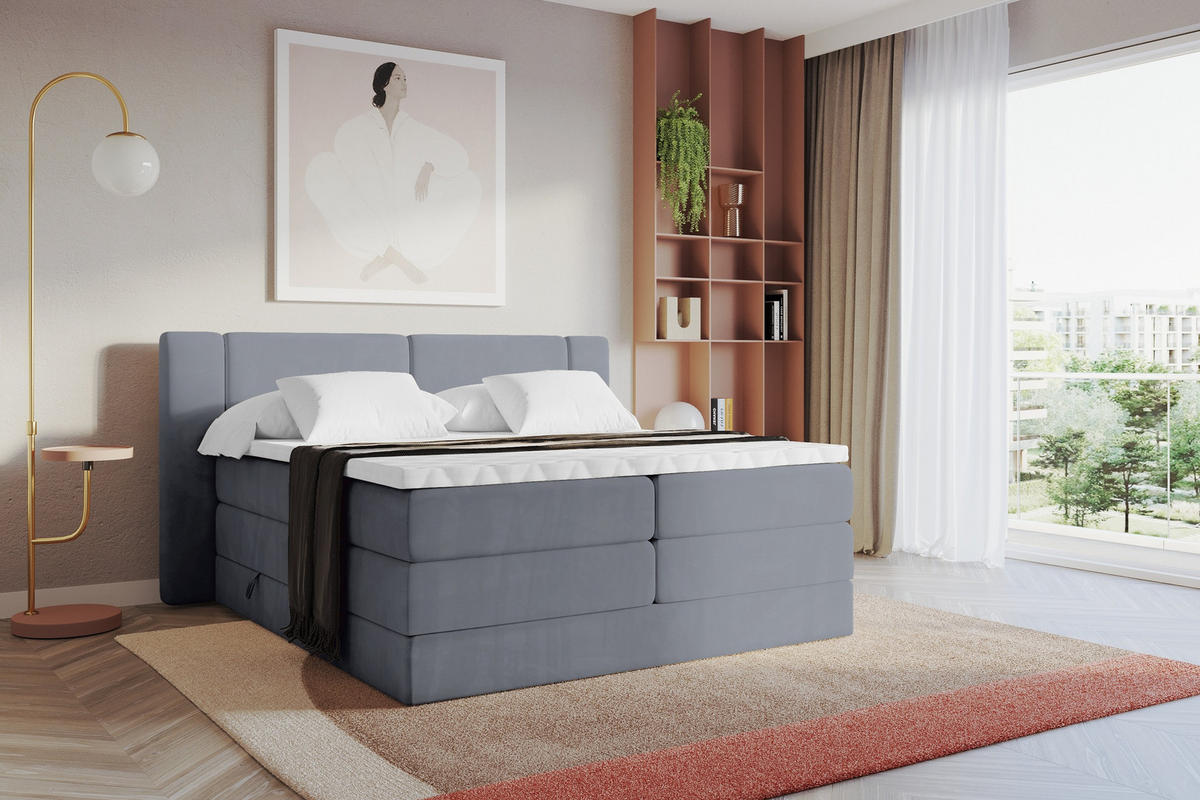 BOXSPRINGBETT mit Matratze H3/H4 - EVON KING - 140x200 cm Grau - Grau, Holzwerkstoff (140/200cm) - ALTDECOR