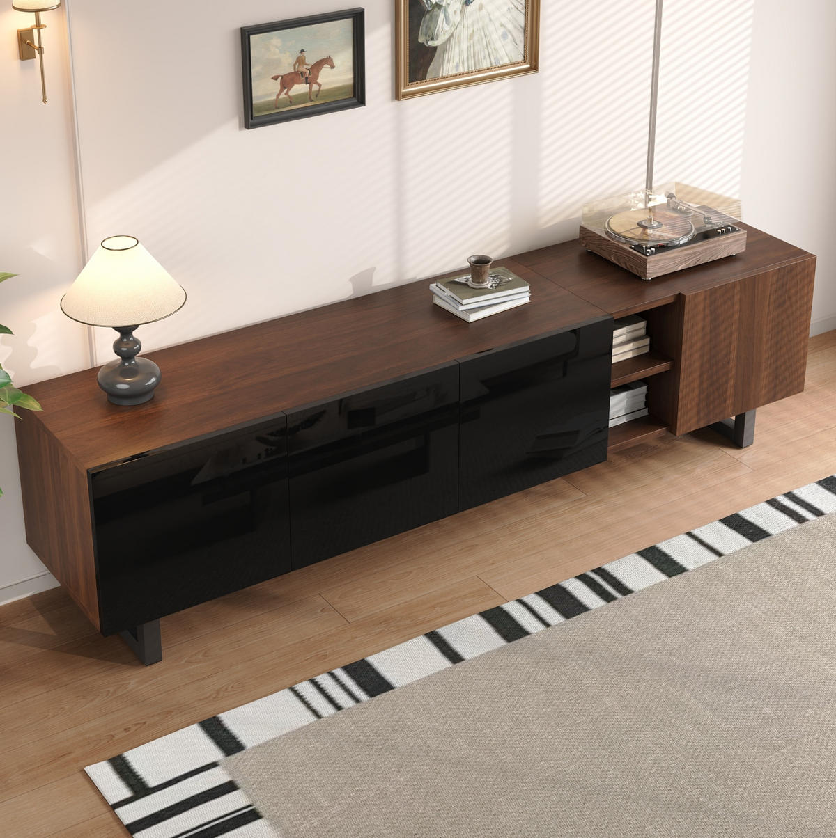 TV-SCHRANK in Schwarz Hochglanz und Natur mit 4 Türen 180/38/50 cm - Schwarz, Holzwerkstoff (180/50/38cm) - Redom