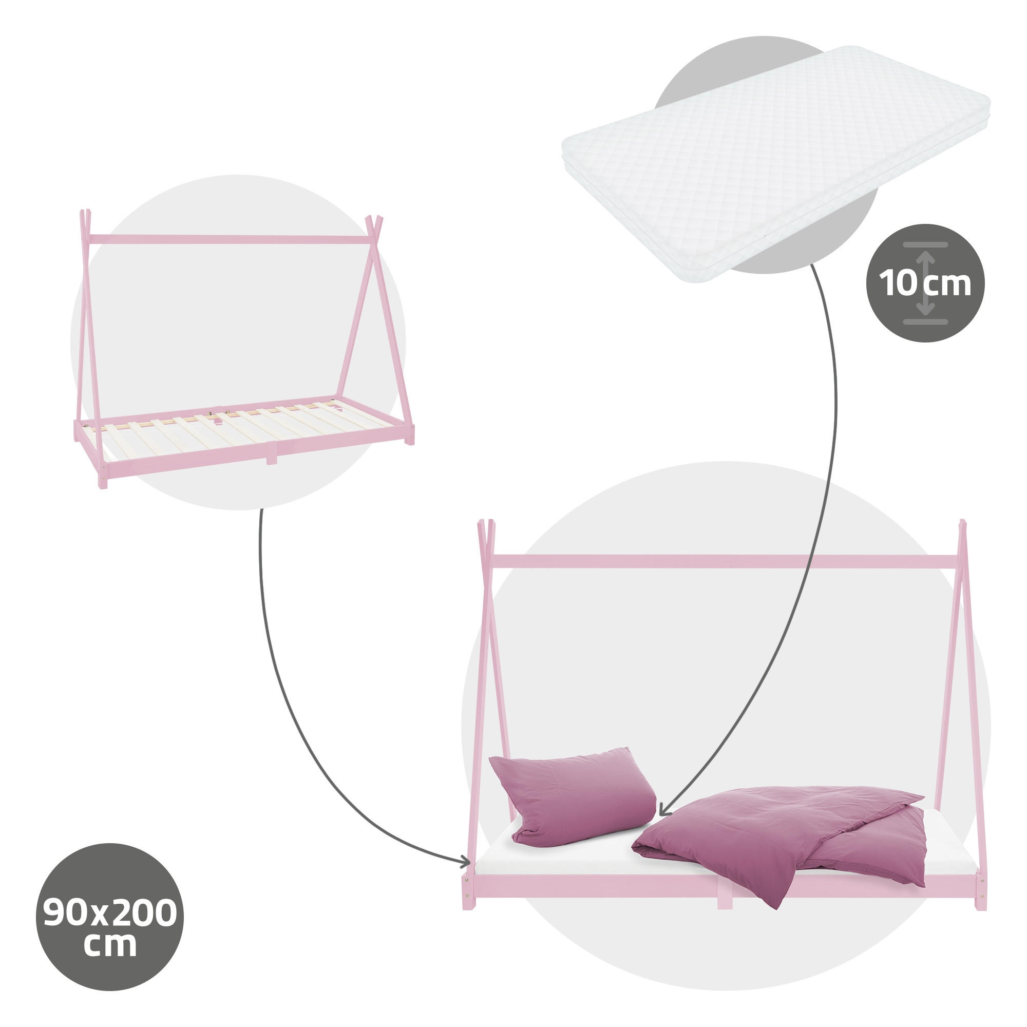 KINDERBETT Tipi mit Matratze 90x200 cm Rosa - Pink, Holz (90/200cm) - ML-DESIGN
