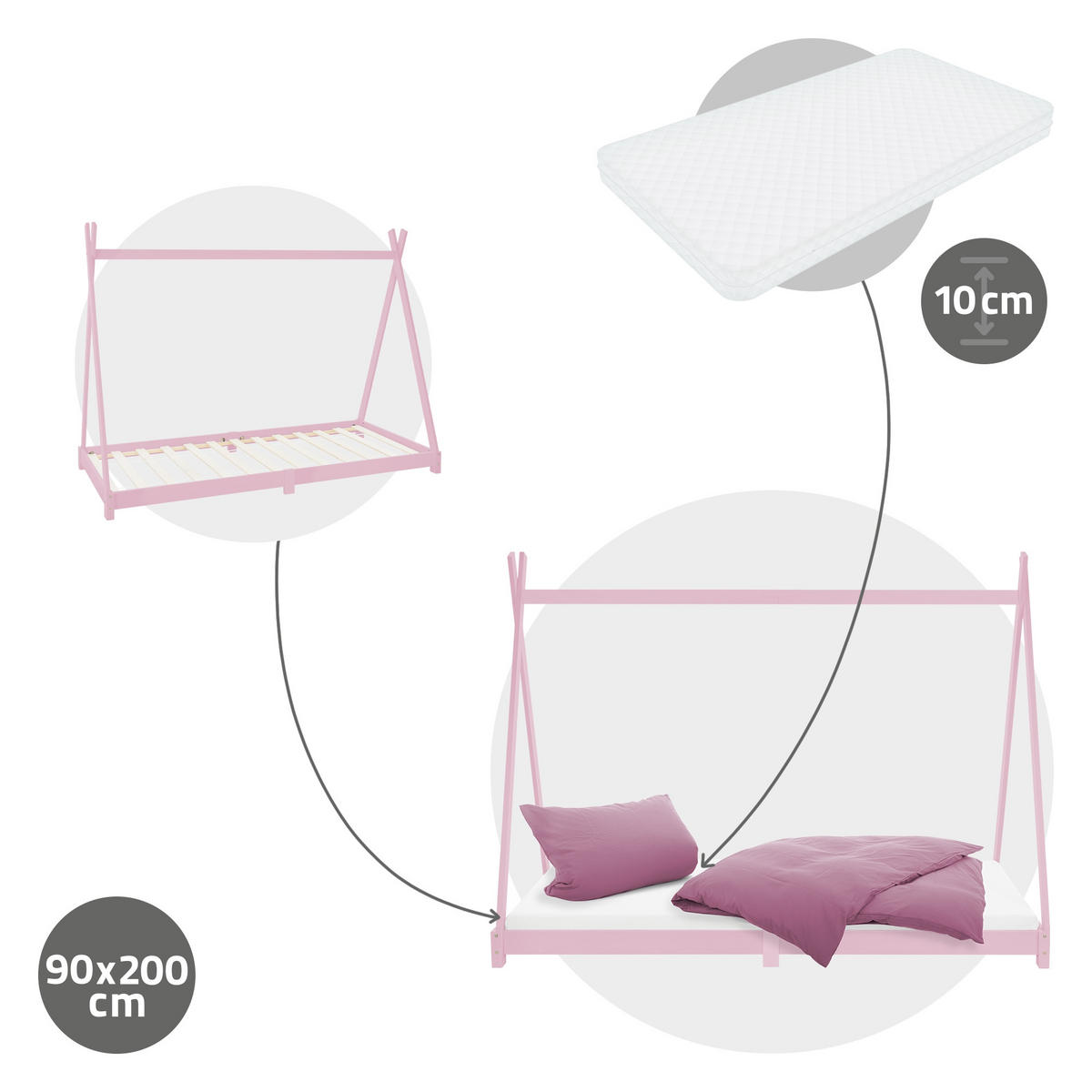 KINDERBETT Tipi mit Matratze 90x200 cm Rosa - Pink, Holz (90/200cm) - ML-DESIGN