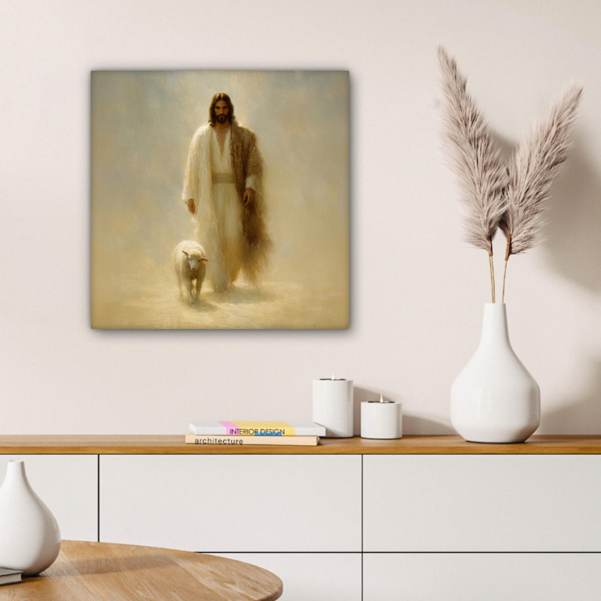 LEINWANDBILD Schaf - Jesus - Pinselstriche - Abstrakt Wandbild Wohnzimmer 50x50 cm - Sandfarben, Textil (50/50cm) - MuchoWow