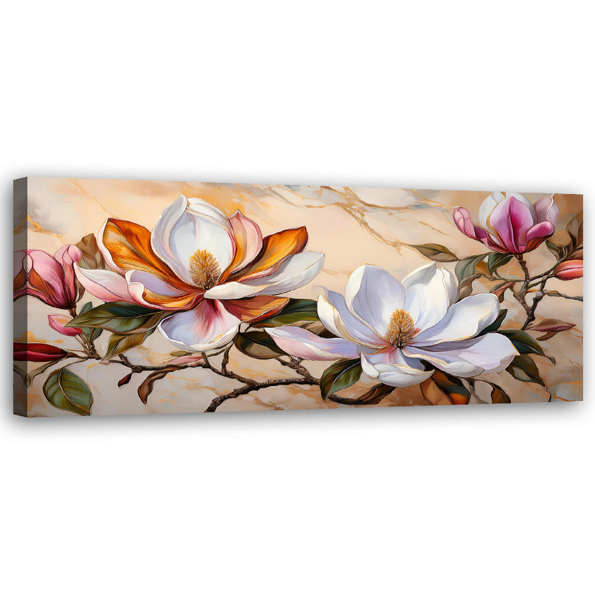 WANDBILD magnolien zweig blumen pflanzen marmor - Multicolor, Textil (90/30cm) - Feeby