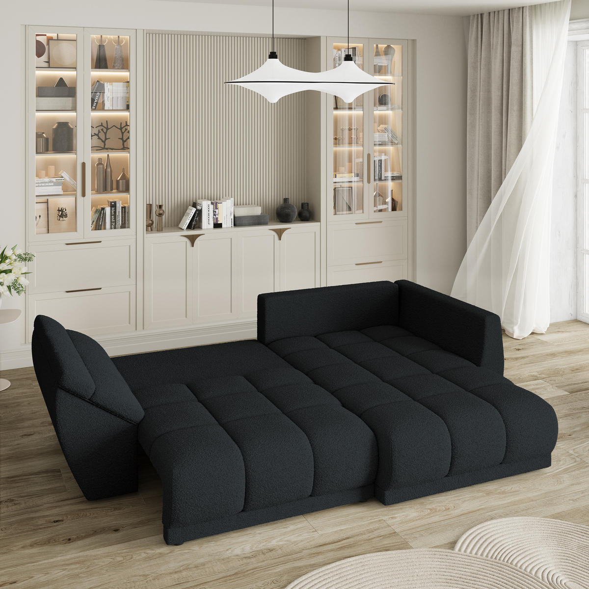 ECKSOFA ORENTI R-S Schwarz Boucle-Stoff mit Schlaffunktion - Schwarz, Holz (287/182cm) - MASSENO