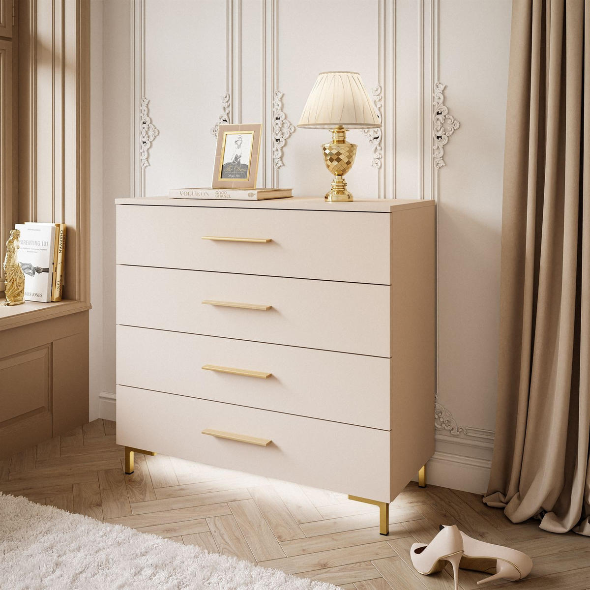 KOMMODE LINA KASCHMIR 4S mit Schubladen und LED-Beleuchtung Goldene Beine und Griffe - Kaschmir/Goldfarben, Holzwerkstoff (95/86/40cm) - Lookway