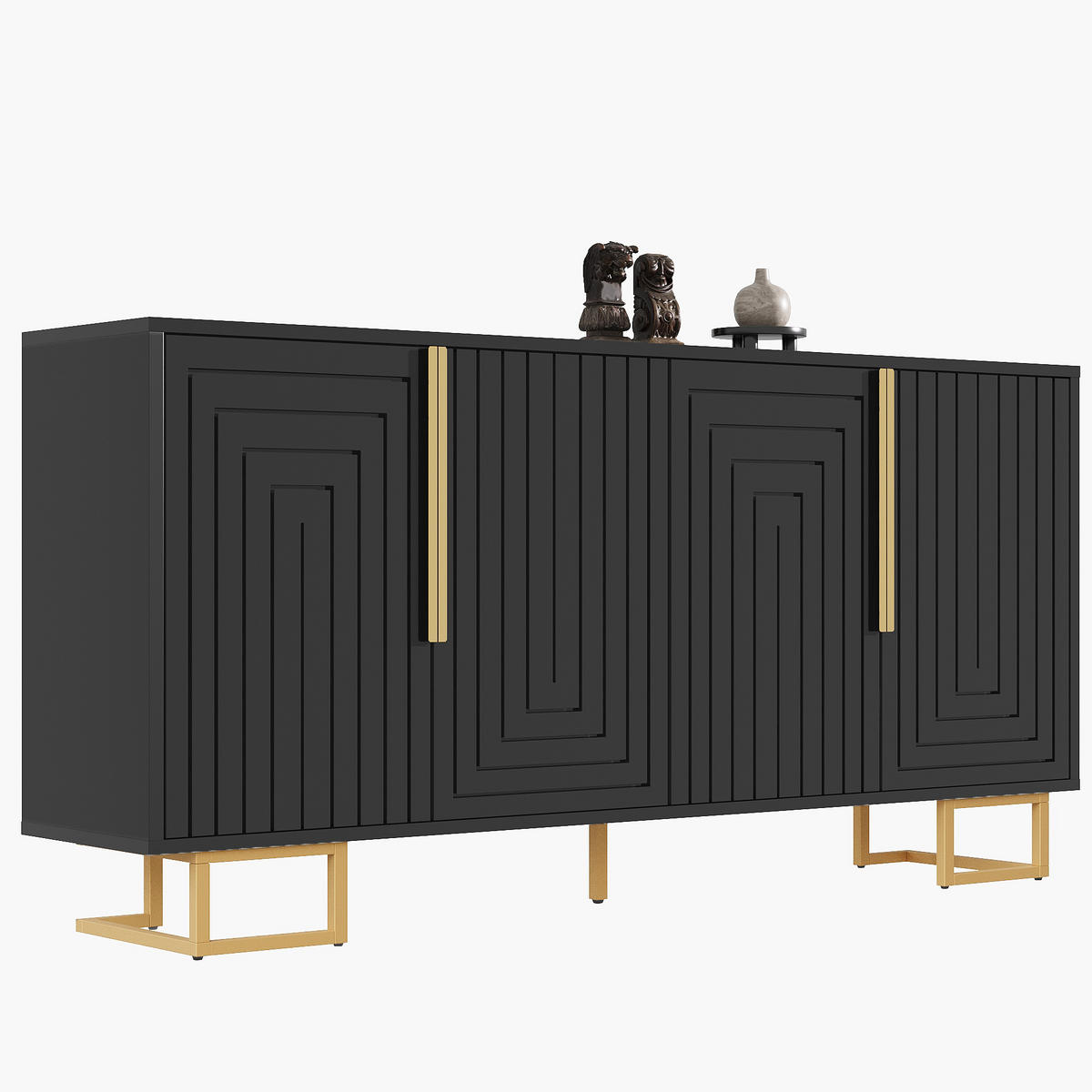 SIDEBOARD aus MDF 152x40x75 cm Schwarz mit 2 Türen, 4 Fächern, geometrischer Front und Kippschutz - Schwarz, Holzwerkstoff (152/75/40cm) - Modfu