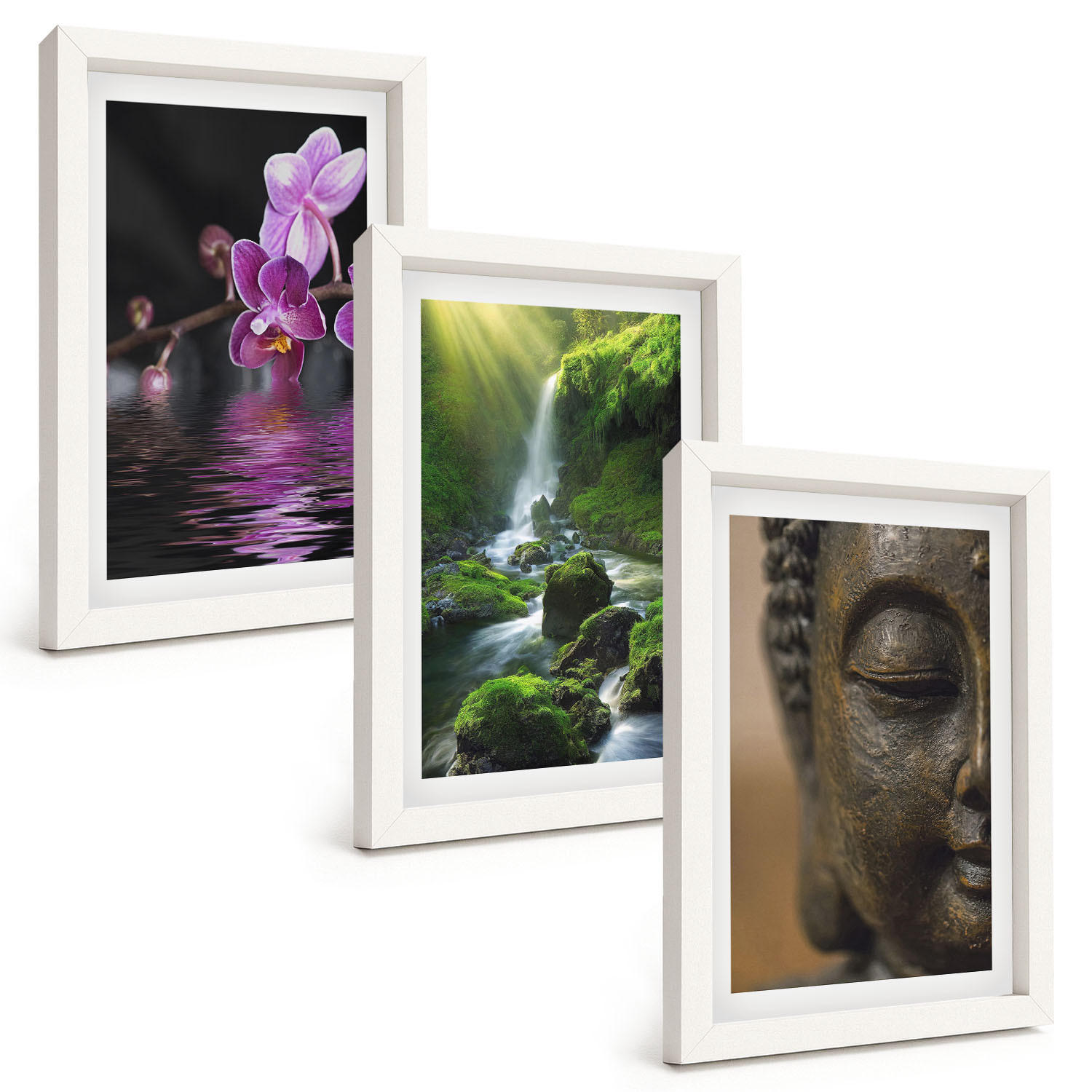 BILDER SET 3er Set - 20x30 cm Weißer Rahmen - Blumen, Wasserfall, Buddha-Felsen, Zen - Weiß, Kunststoff (20/30cm) - TULUP