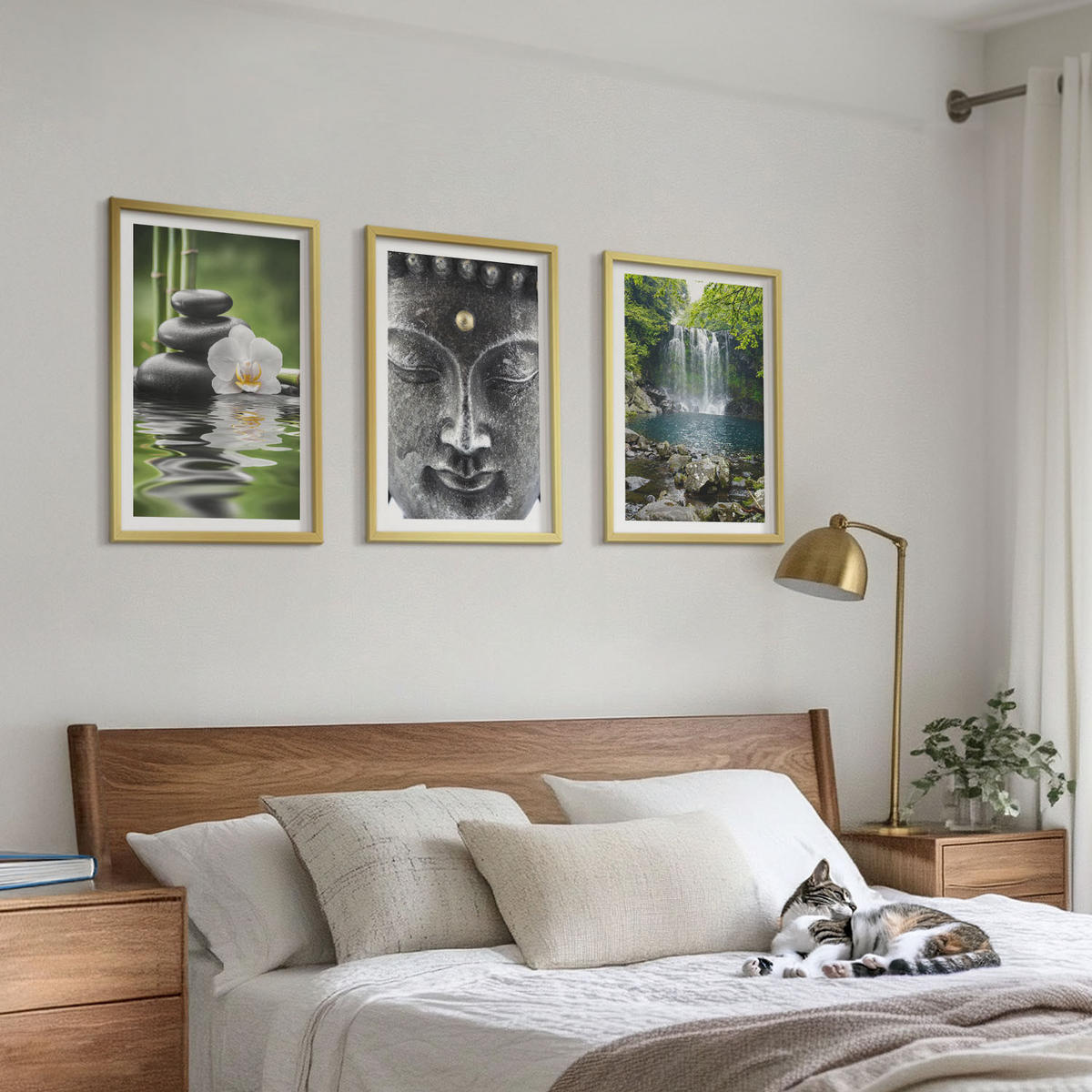 WANDBILDER 3er Set - 40x60 cm Goldrahmen - Harmoniesteine Wasser Buddha - Goldfarben, Kunststoff (40/60cm) - ArtPrintCave