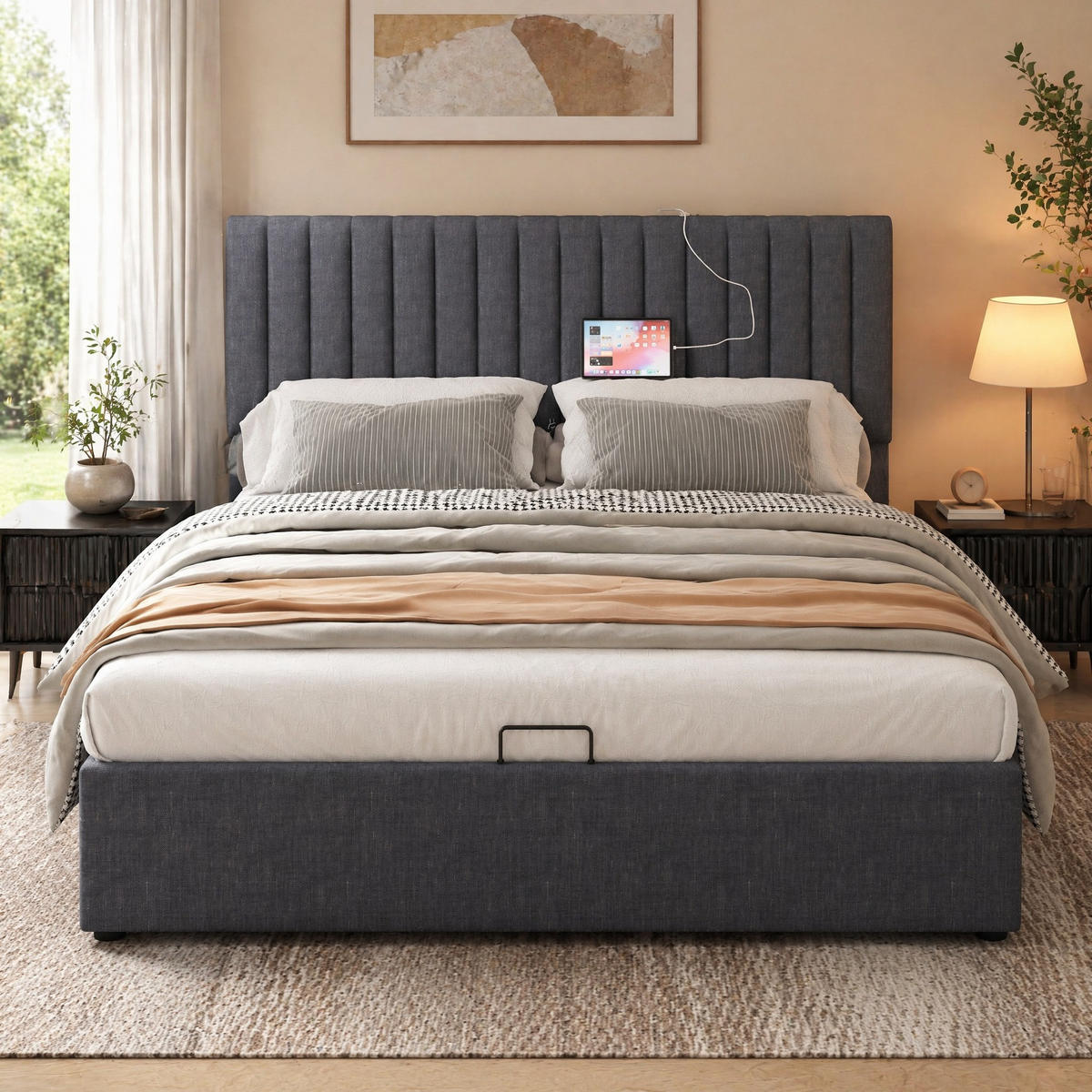 ČALOUNĚNÁ POSTEL 140/200 cm v šedé barvě s úložným prostorem, LED a USB-C - šedá, kov/kompozitní dřevo (140/200cm) - CHICFURN