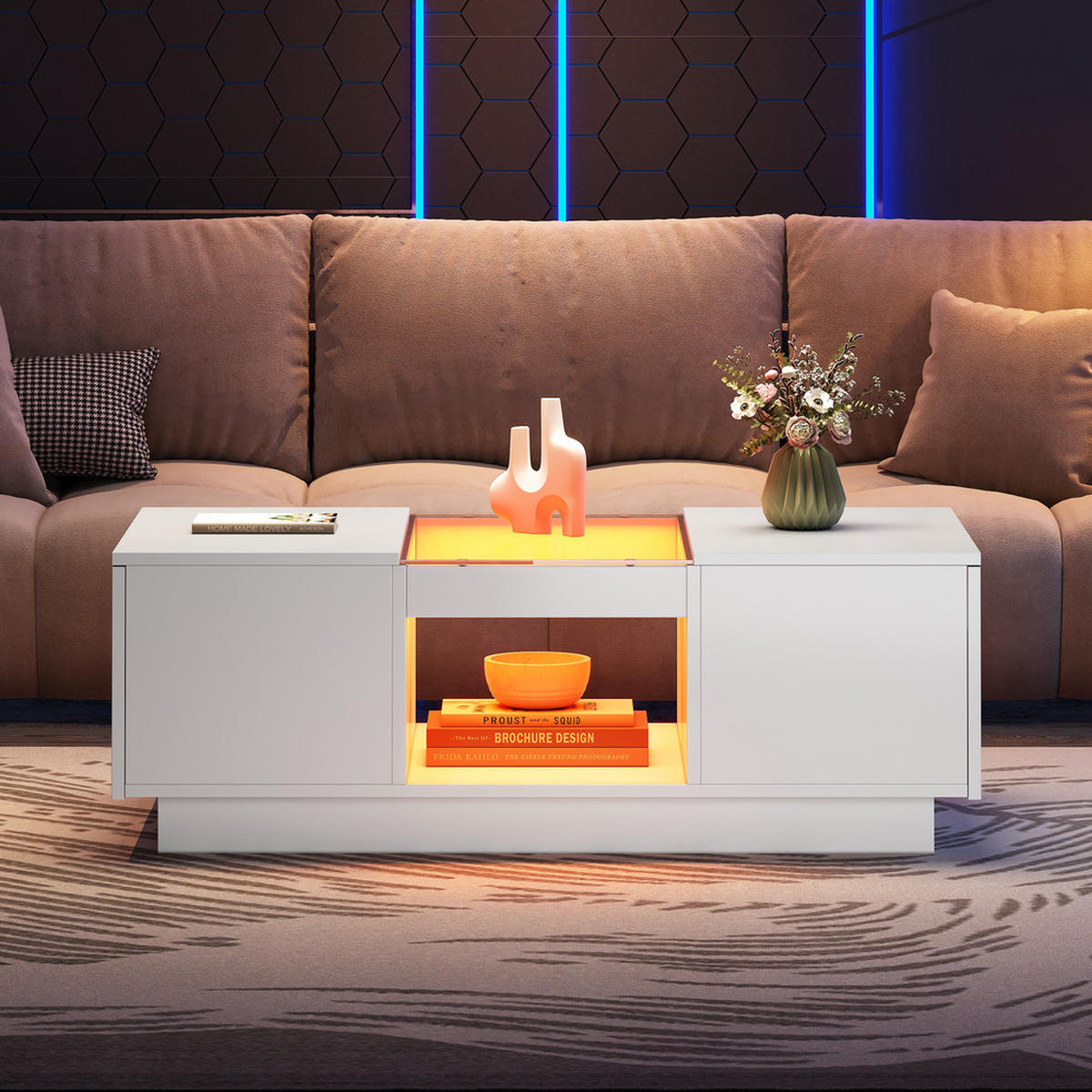 COUCHTISCH 100x50cm Weiß LED App Glas 2 Schubladen 1 Fach Modern - Weiß, Holz (106/60.5/17cm) - FLIEKS