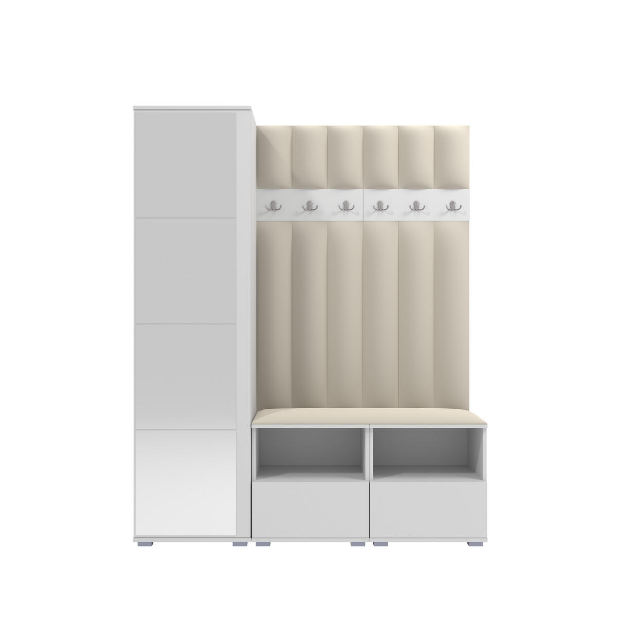 GEPOLSTERT Garderoben-Set Nela II LUX (Spiegel – Farbe Weiß + Stoff Trinity 01) - Silberfarben/Creme, Holz/Holzwerkstoff (150/187/40cm) - Ravio