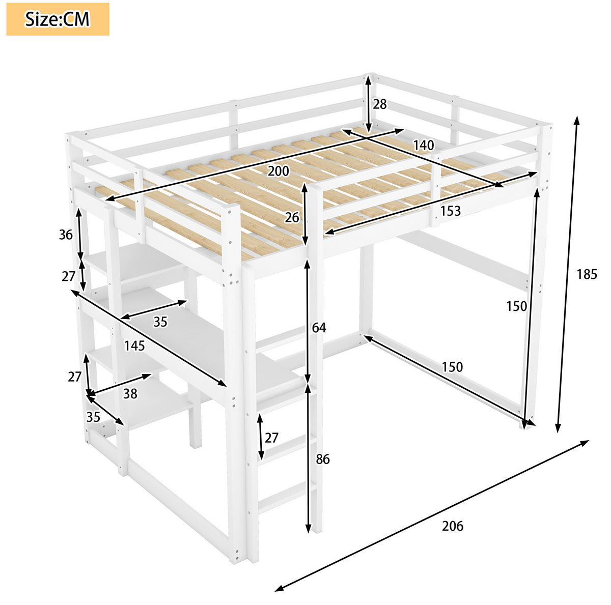HOCHBETT aus Kiefer 140x200 cm Antikweiß mit Schreibtisch und 4 Ablagefächern - Weiß, Holzwerkstoff (90/200cm) - Modfu