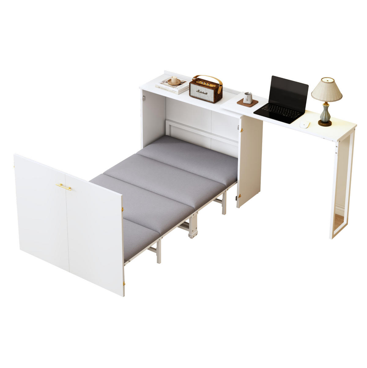 KLAPPBETT 90/200 cm mit drehbarem Schreibtisch, Matratze und Rollen, platzsparend aus Metall, Weiß/Holzfarbe - Weiß, Metall (90/200cm) - Redom