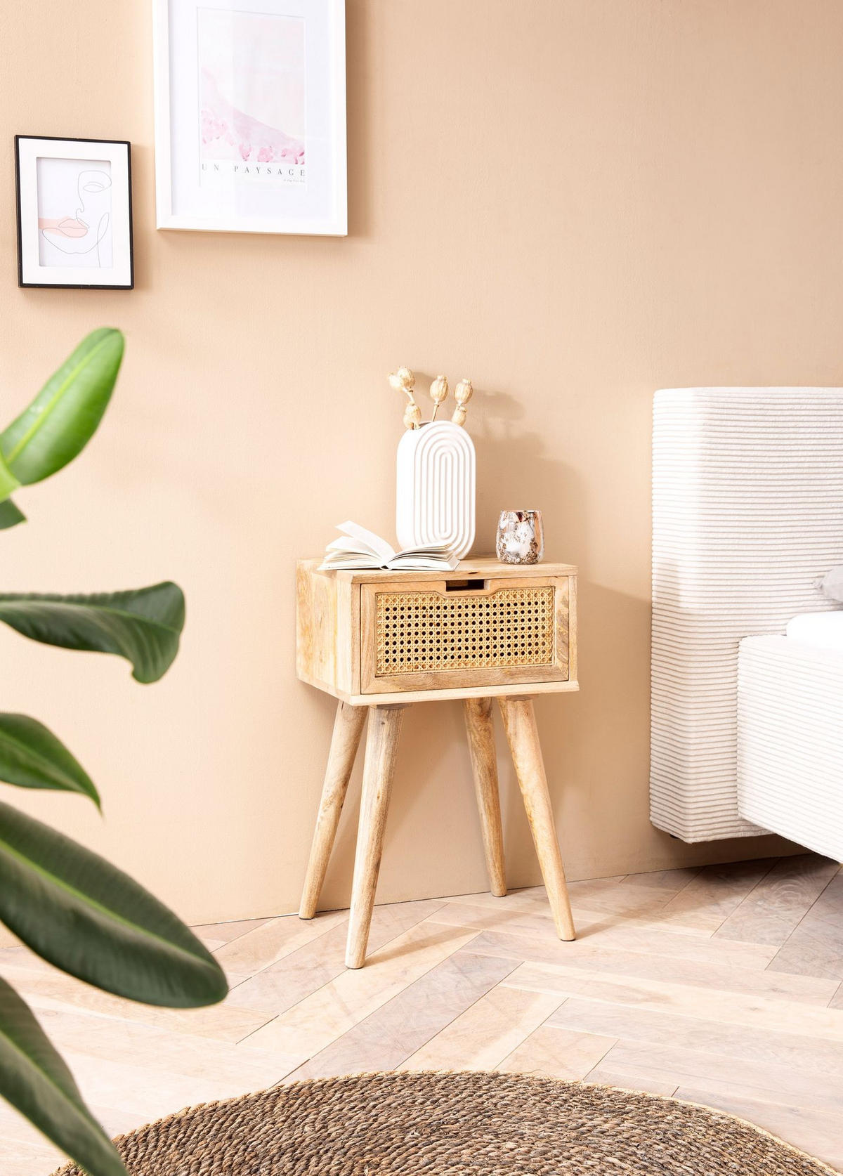 NACHTTISCH – Mango Massivholz/Rattan, 40x60x30 cm, Braun, 1 Schublade, Wiener Geflecht - Braun, Holz (40/60/30cm) - KADIMA DESIGN