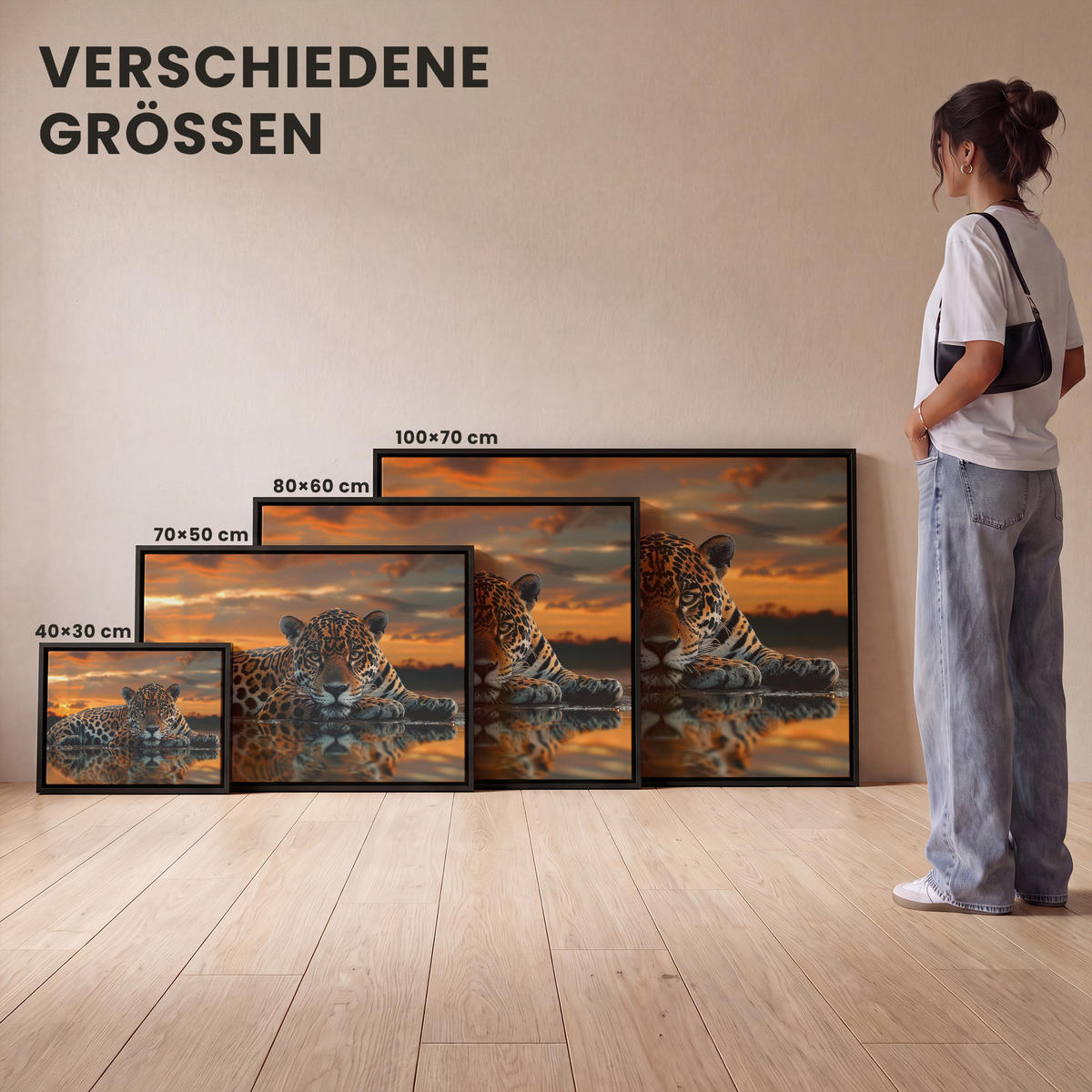 LEINWAND Bilder mit Rahmen - Natur - Leopard - Tier - Sonnenuntergang - Modern - 100x70 - Orange, Textil (100/70cm) - MuchoWow
