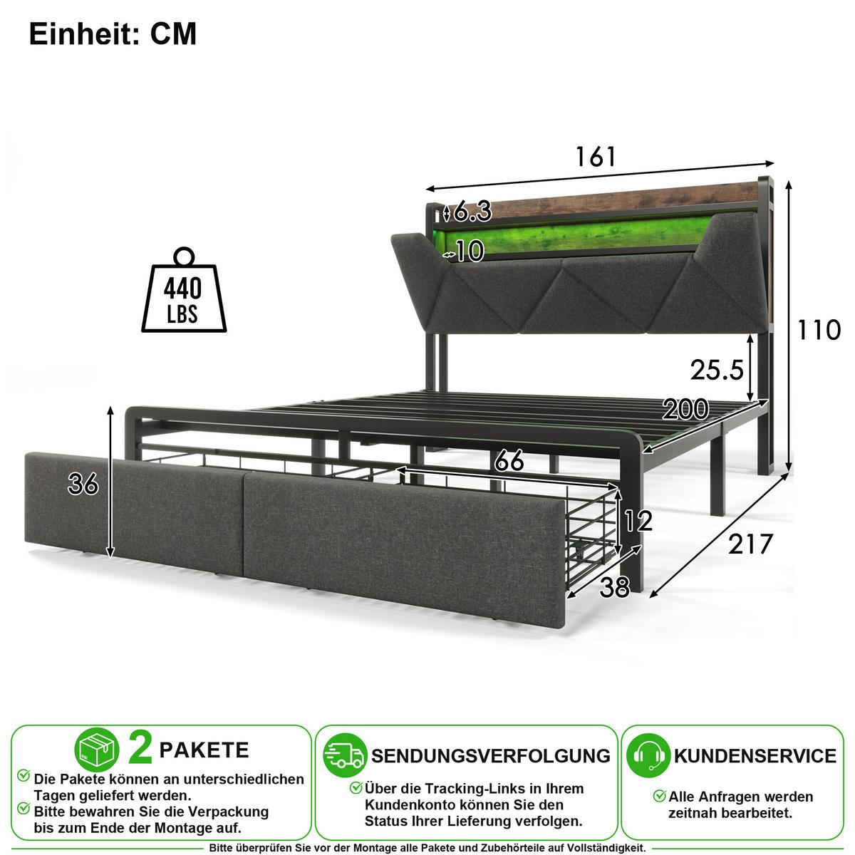 POLSTERBETT 160/200 cm in Grau Leinen mit 2 Schubladen, LED, USB und Type-C - Grau, Holzwerkstoff/Textil (160/200cm) - CHICFURN