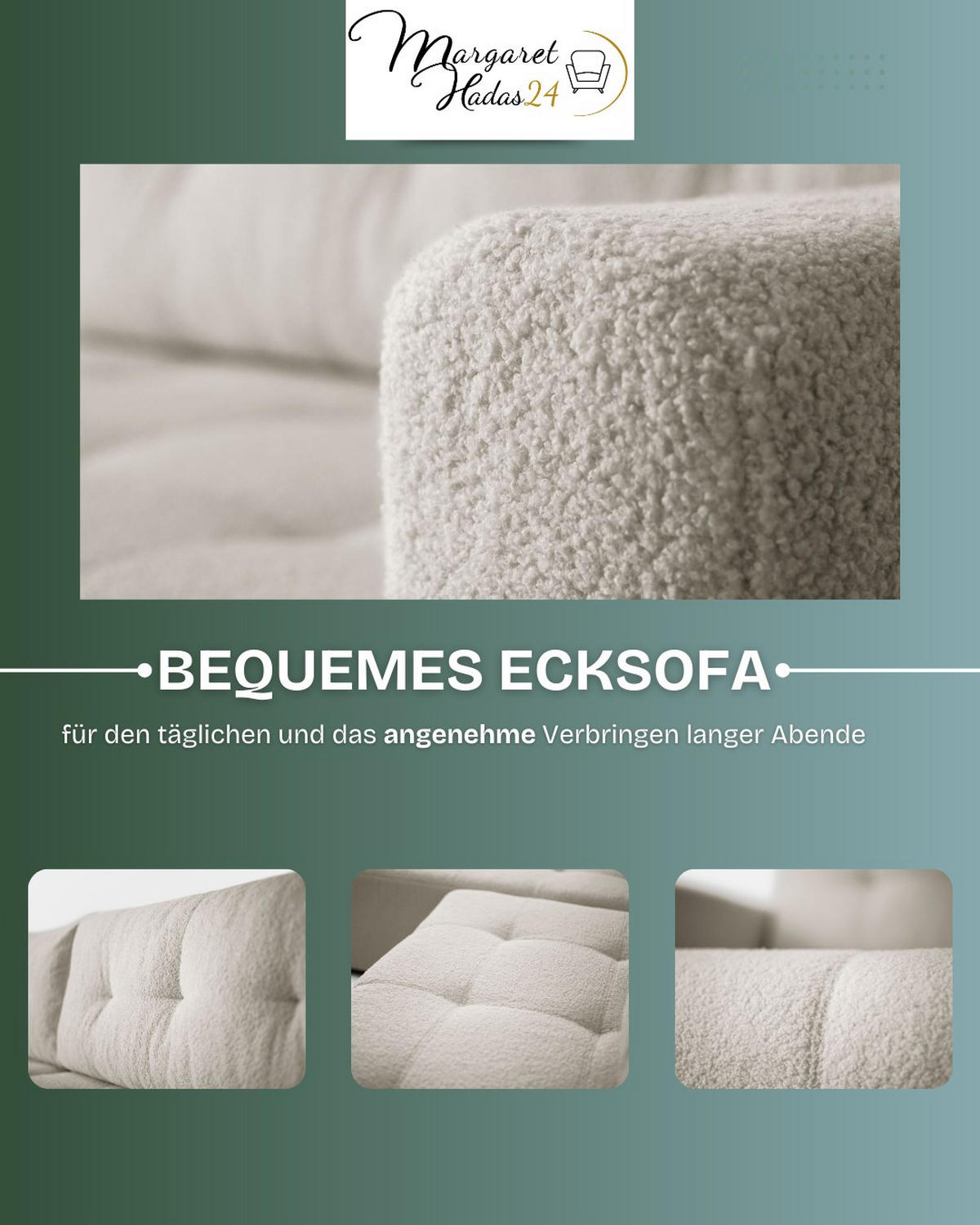 ECKSOFA Viola in L-Form, creme, Lammfelloptik, 261 x 143 cm mit Schlaffunktion und Bettkasten - Creme, Textil (261/143cm) - Margaret Hadas24