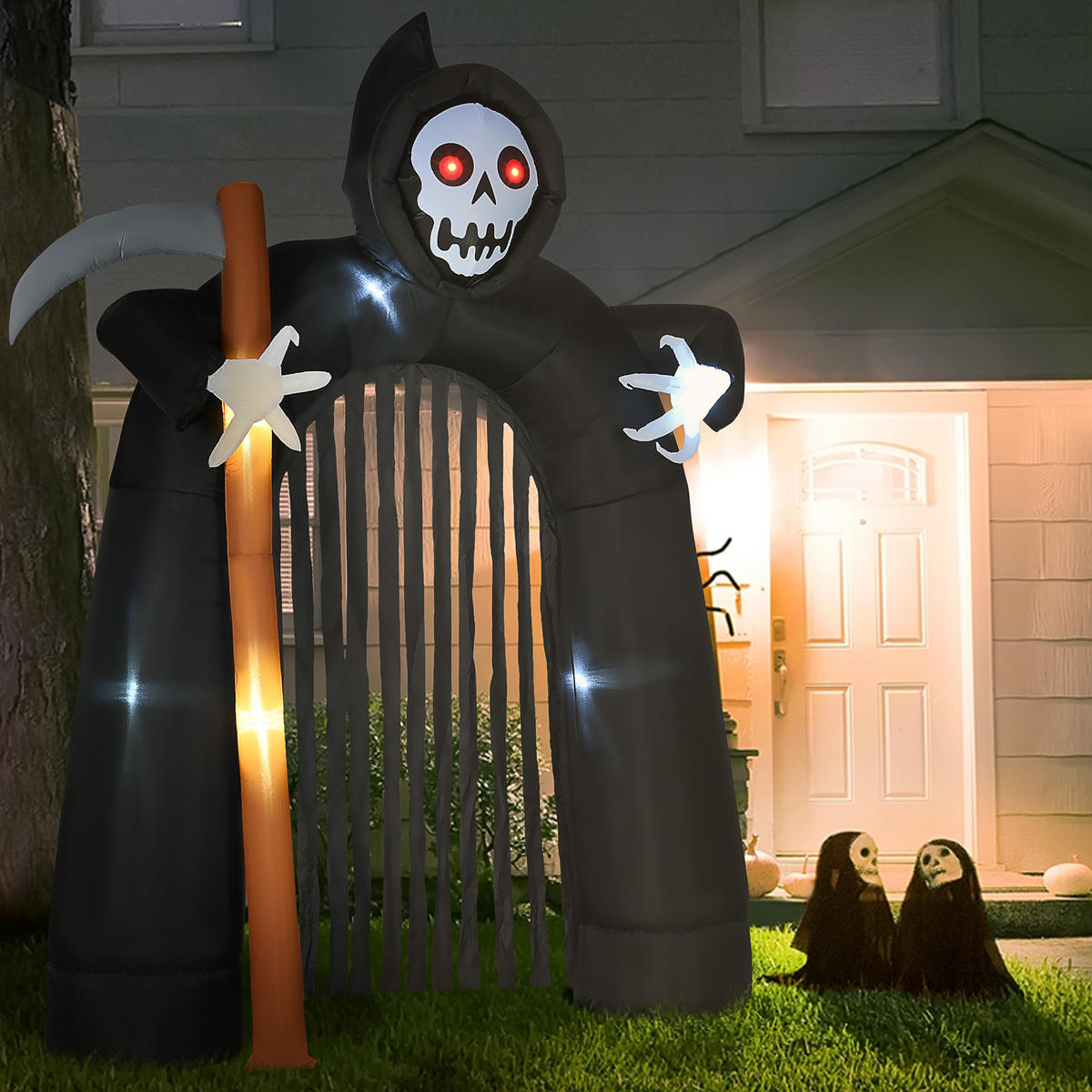 2,85 m velká halloweenská zahradní dekorace Smrtka, samonafukovací, s LED osvětlením - černá, plast (65/285/230cm) - HOMCOM
