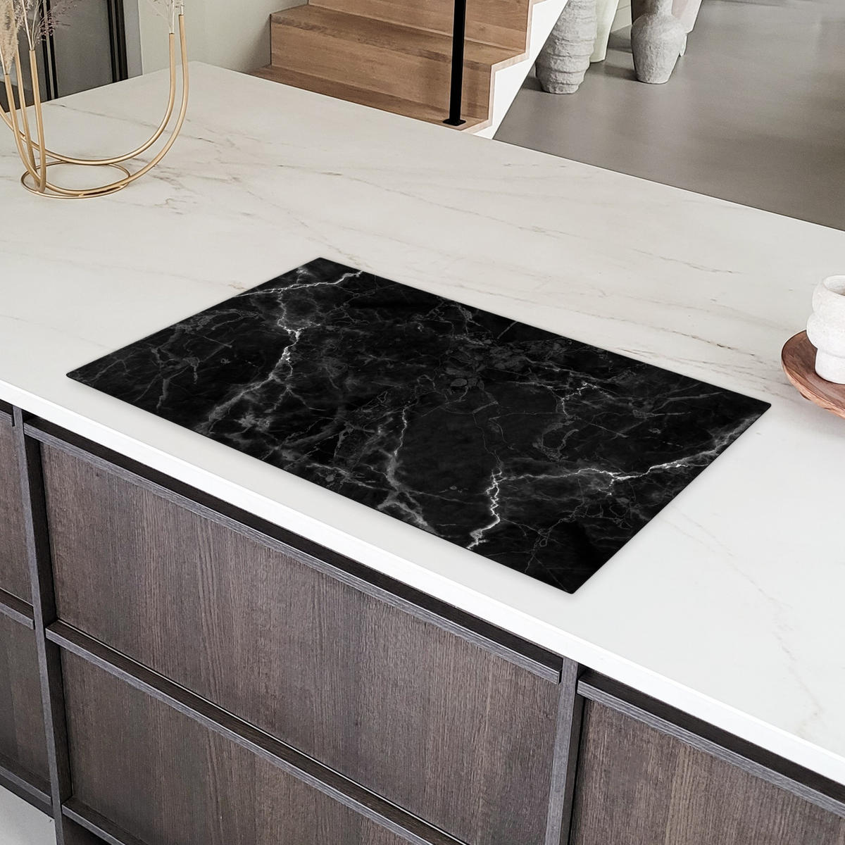 HERDABDECKPLATTE Marmor - Schwarz - Weiß - Textur - Marmoroptik Induktionsschutz 89.6x51.6 cm - Silberfarben, Kunststoff (89.6/51.6/0.2cm) - MuchoWow