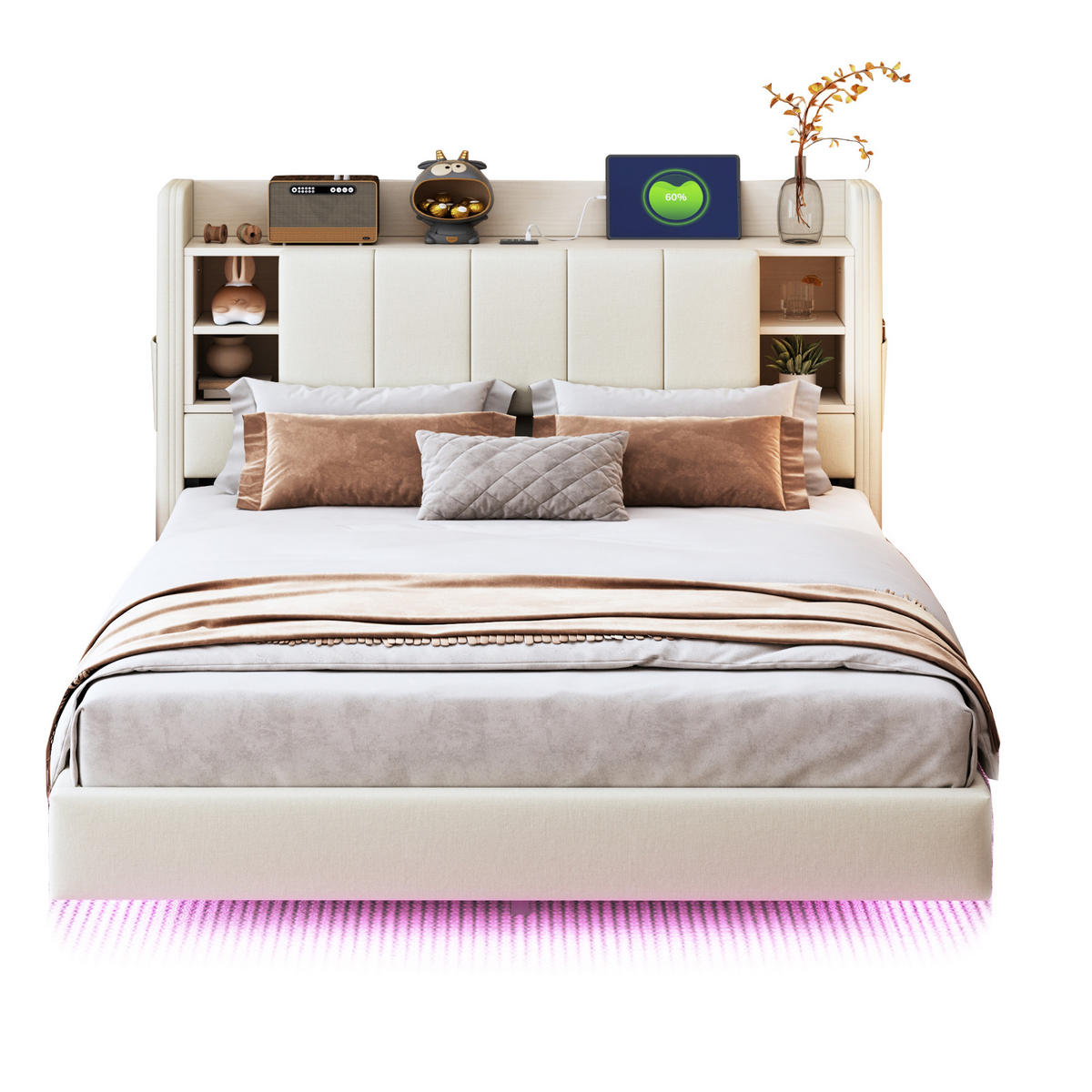 POLSTERBETT mit LED-Beleuchtung 140/200 cm mit USB und Stauraum in Beige - Beige, Textil (140/200cm) - BEAOK