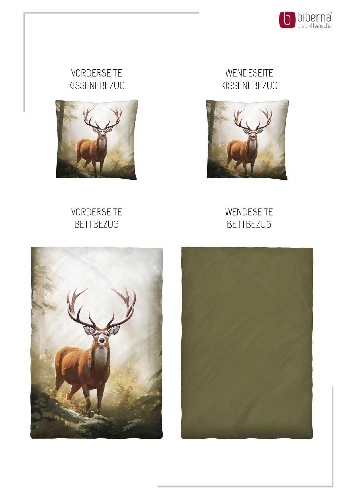 BETTWÄSCHE-GARNITUR Premium Biber Hirsch fichte, 155x220 cm + 80x80 cm - Dunkelgrün, Textil (155/220cm) - biberna