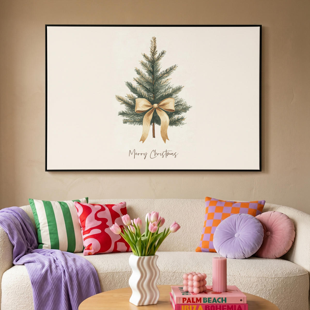 LEINWAND Bilder mit Rahmen - Weihnachtsbaum - Weihnachten - Frohe Weihnachten - Beige - 120x80 - Sandfarben, Textil (120/80cm) - MuchoWow