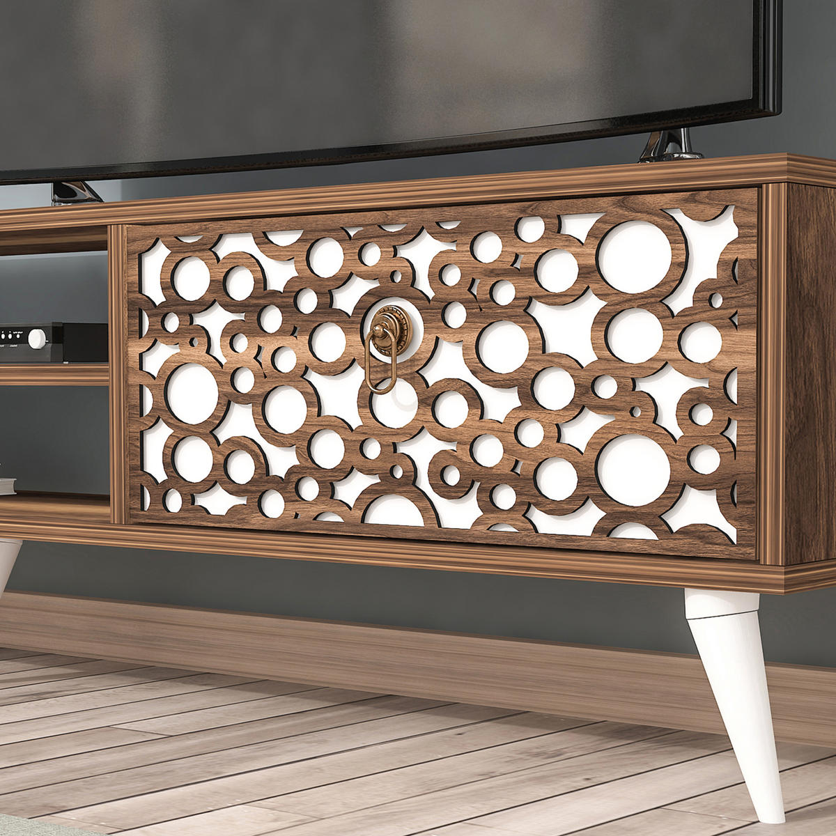 ANBAUWAND Leka 3-tlg - Nussbaumfarben/Weiß, Holzwerkstoff (29.5/48/180cm) - [en.casa]