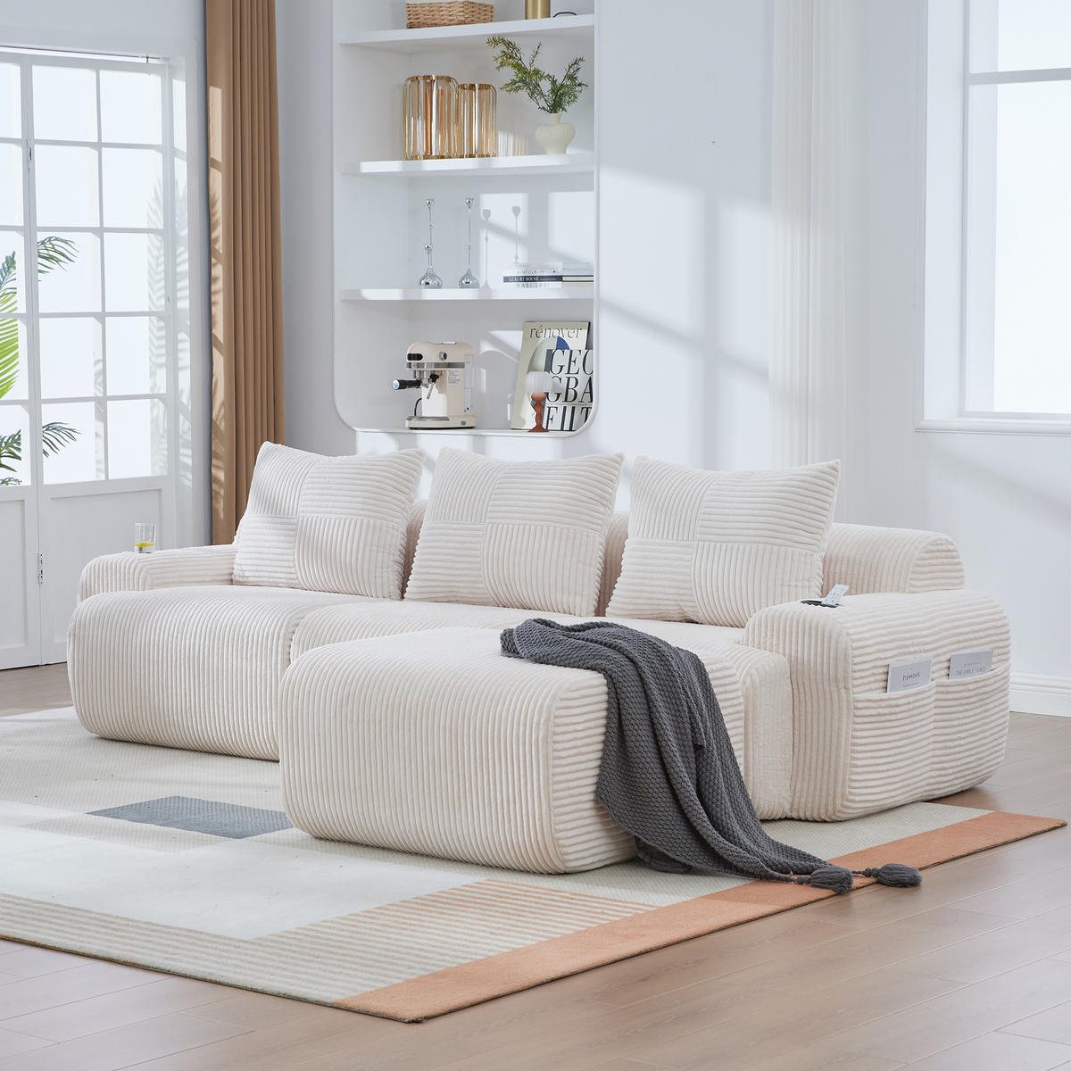 MODULARES 3-Sitzer Sofa Cordstoff mit Getränkehalter und Seitentasche 268/174/80 cm Beige - Beige, Textil (174/268cm) - Redom